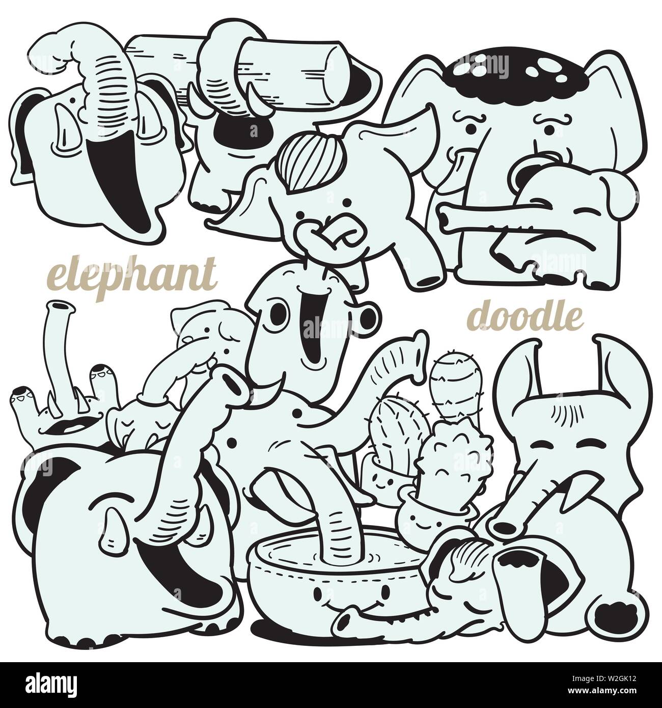 Images de cartoon funny les éléphants aux différentes actions et d'émotions. Le noir et blanc à la main pour la coloration illustration doodle, graphismes et la présentation Illustration de Vecteur