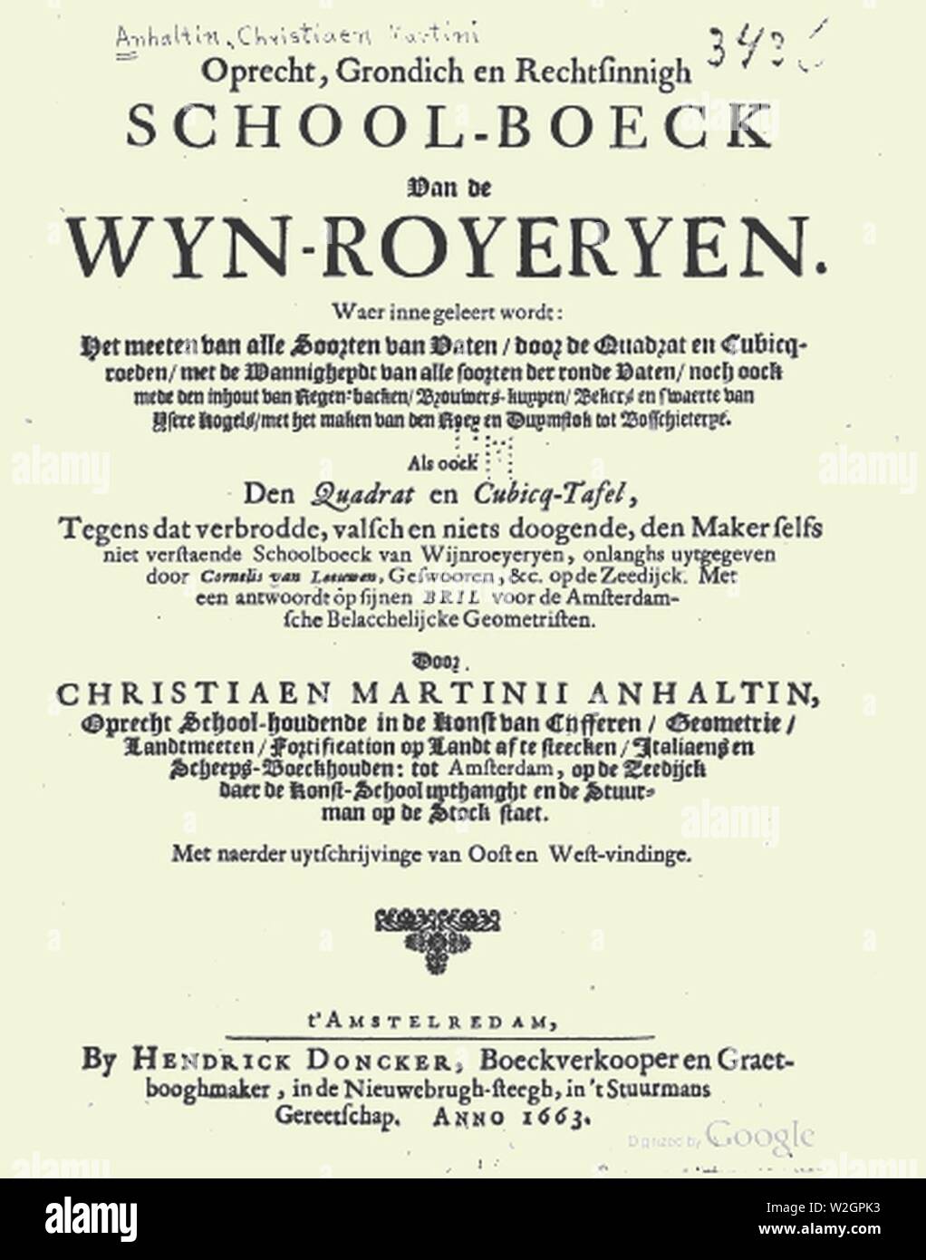Christian Martin - Anhaltin grondich rechtsinnigh Schoolboeck Oprecht en Wijn-Royerijen titelpagina van de 1663. Banque D'Images