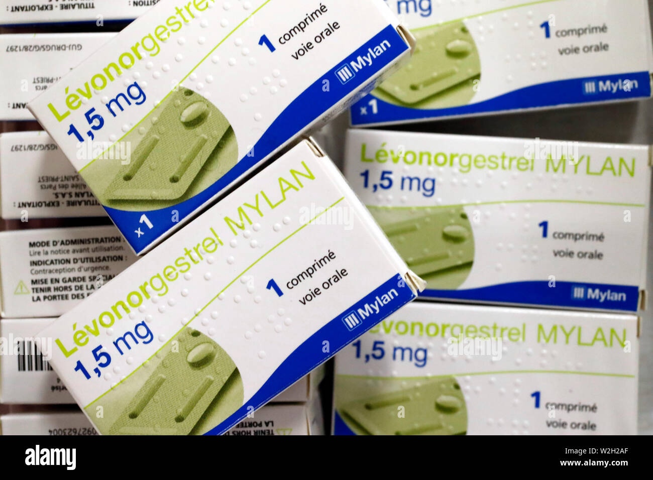 D'excellente réputation. Un médicament hormonal au lévonorgestrel qui est utilisé dans un certain nombre de méthodes de contrôle des naissances. La France. Banque D'Images