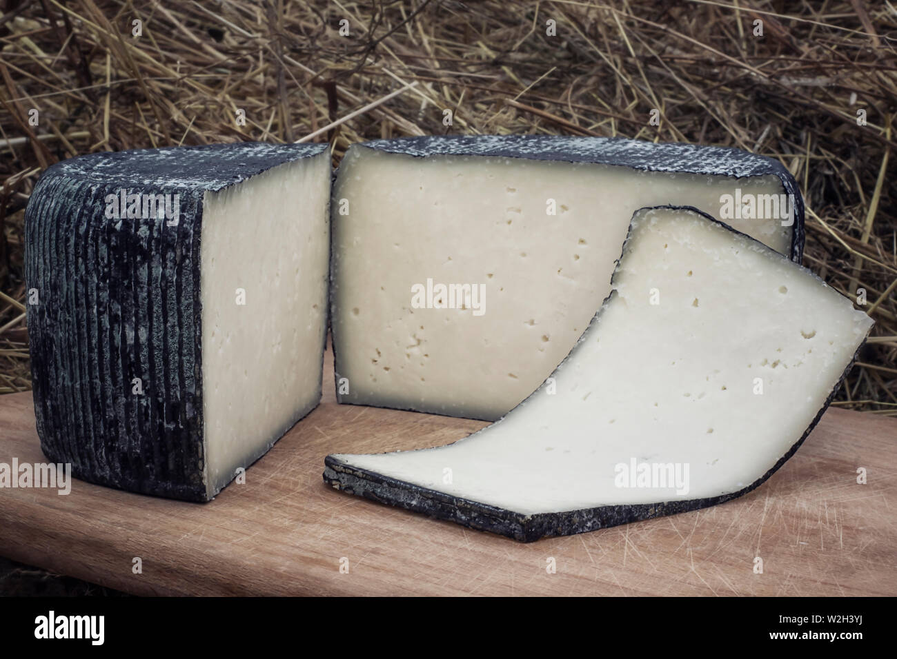 Fromage artisanal à partir de lait de vaches et de chèvres. Tête de fromage. Affinage Banque D'Images