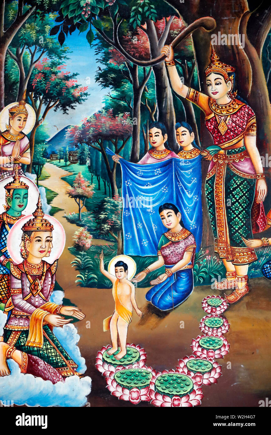 Peinture représentant l'histoire de la vie du Bouddha Shakyamuni. Naissance  de Bouddha dans le Lumbini Grove. Kep. Le Cambodge Photo Stock - Alamy