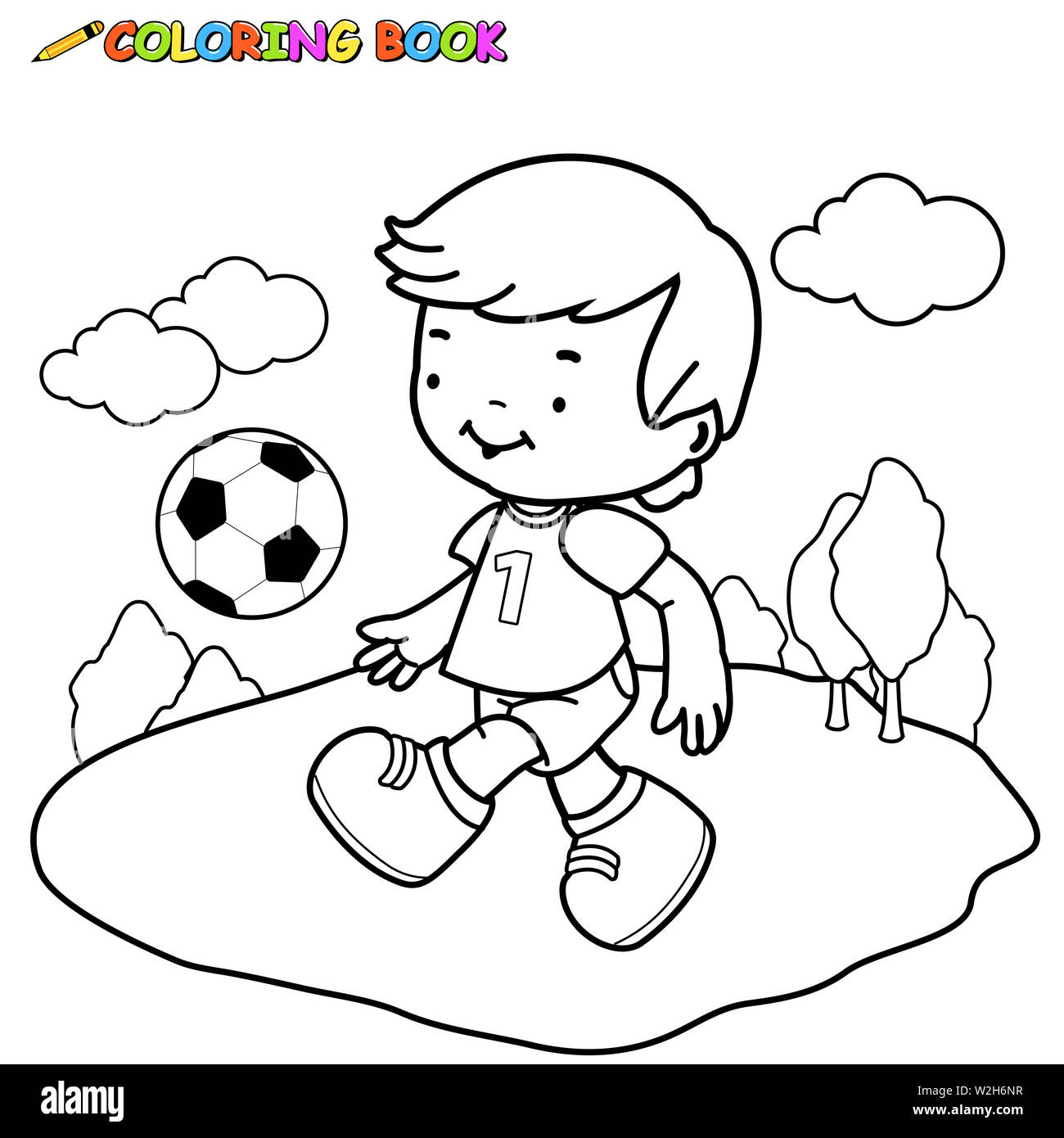 En noir et blanc indiquant l'illustration d'un garçon jouant au football. Page de livre de coloriage. Banque D'Images