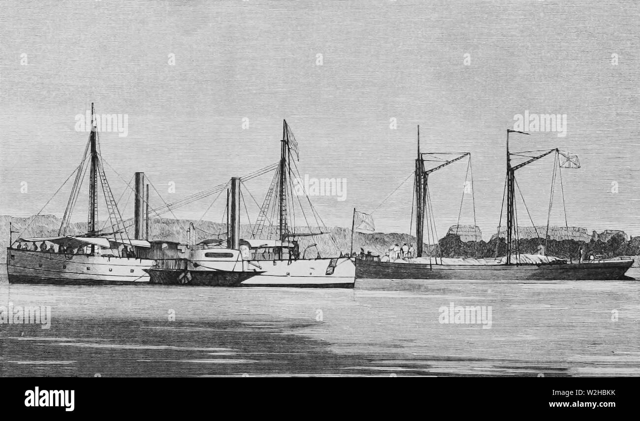 Vapeur russe-barges, initialement en poste au fort no 7, en face de Kungrad sur le Syr-Daria, vers 1850 Banque D'Images