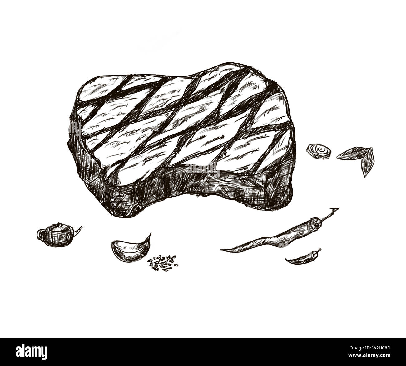 Illustration de la ligne noire et blanche, steak de bœuf Banque D'Images