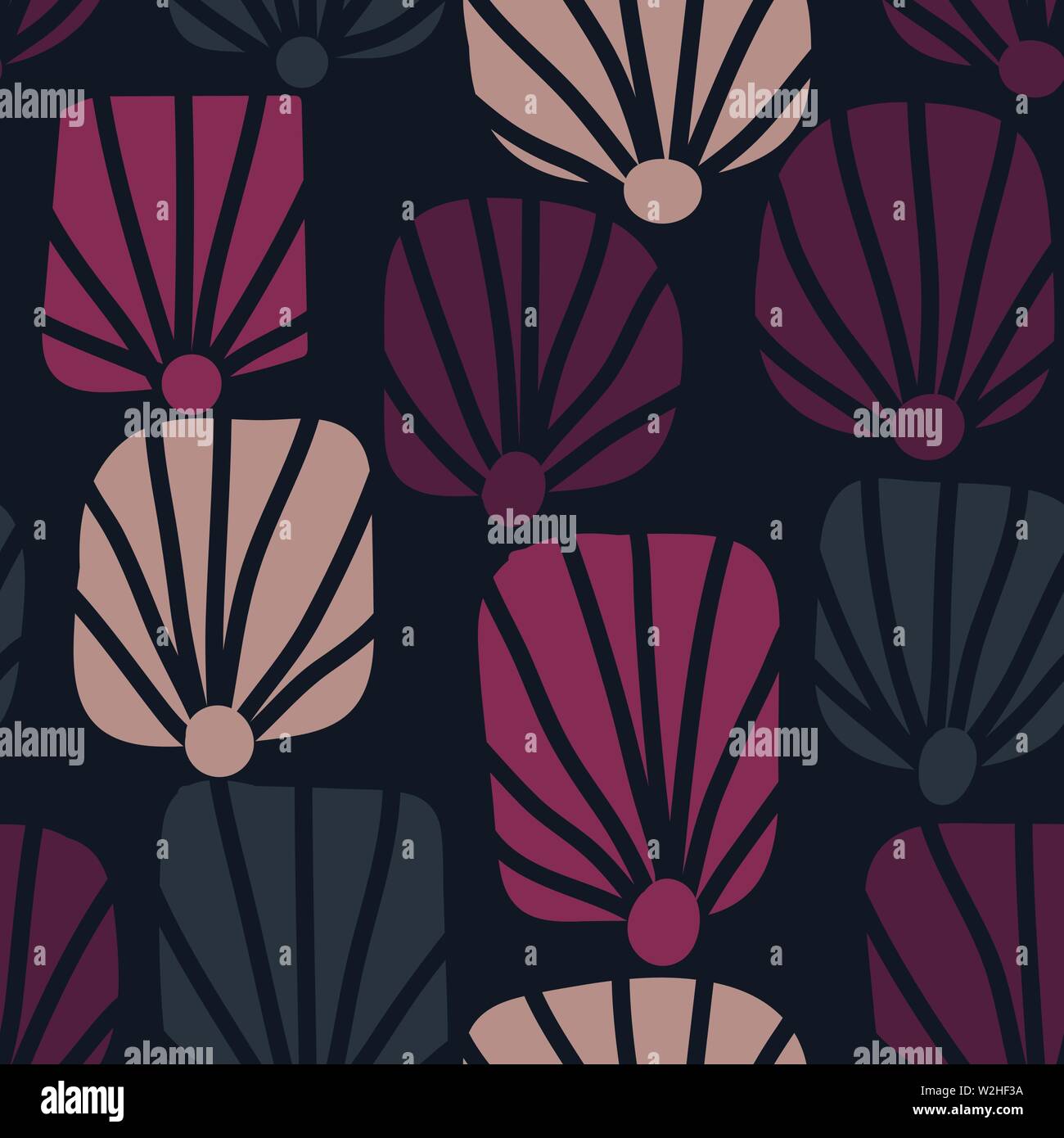 Modèle vectoriel continu avec des formes stylisées de fossette shell motifs fleurs roses Illustration de Vecteur