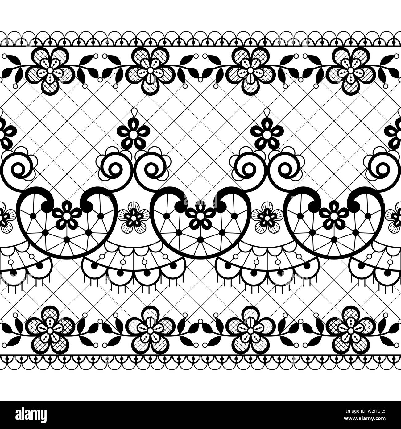 Dentelle transparente - modèle vectoriel style rétro weddin ornementaux, conception répétitives avec des fleurs et des vagues en noir sur fond blanc Illustration de Vecteur