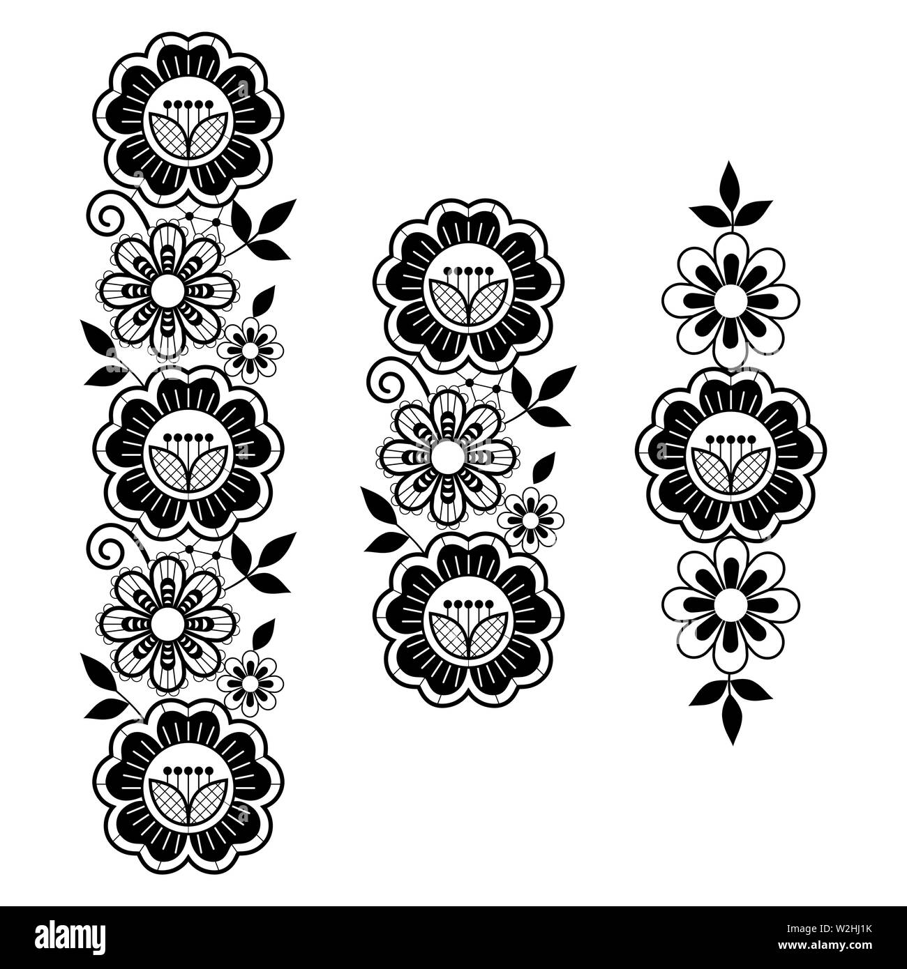Lace pattern set long vecteur conception verticale, avec des fleurs et des tourbillons, des motifs en dentelle détaillée noir sur fond blanc Illustration de Vecteur