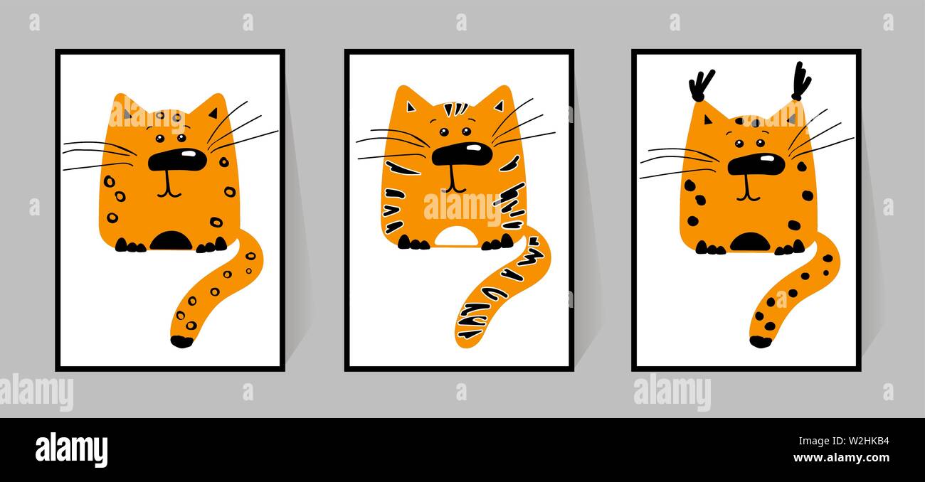 Un ensemble de trois affiches avec des animaux sauvages. Tiger, Leopard, trot. Ginger cats sont tirées en cartoon style avec différentes bandes. Pour la conception de l'h Illustration de Vecteur