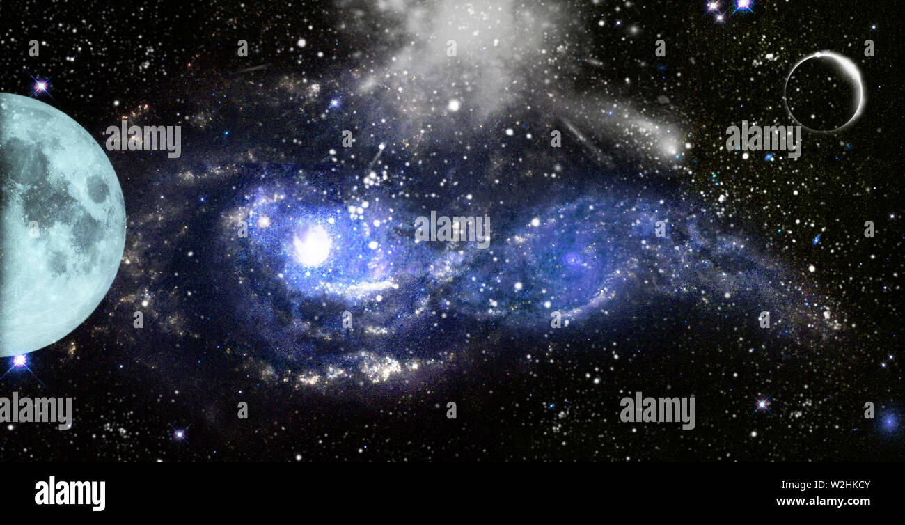 Planète et son satellite de l'espace extra-atmosphérique. Nébuleuse de l'espace. Cluster cosmique d'étoiles. L'espace arrière-plan. Image panoramique Banque D'Images