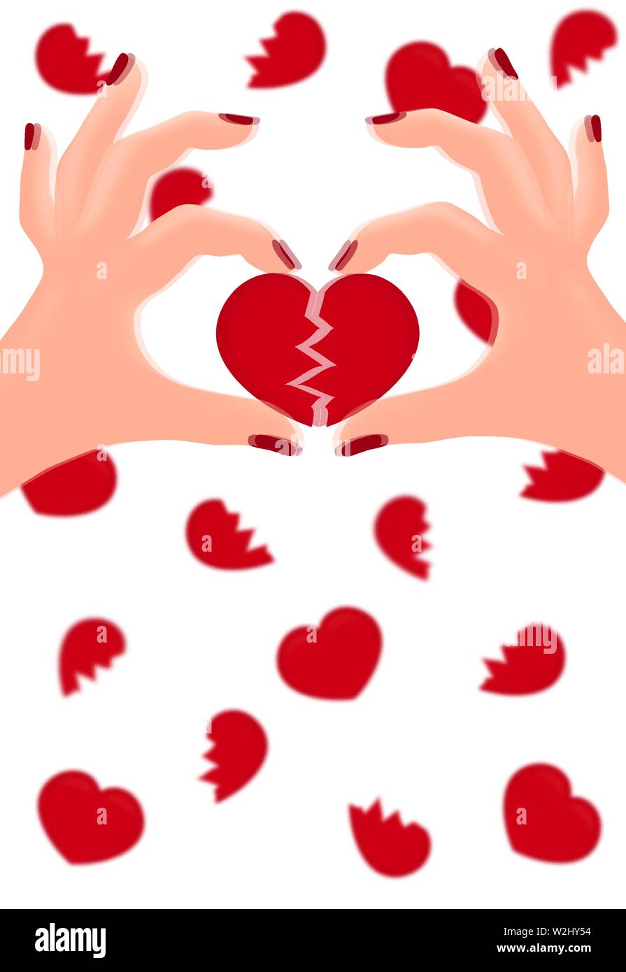 Girl's hands déchirer le cœur de l'autre. Carte postale avec effet glitch en format vertical. Illustration de Vecteur