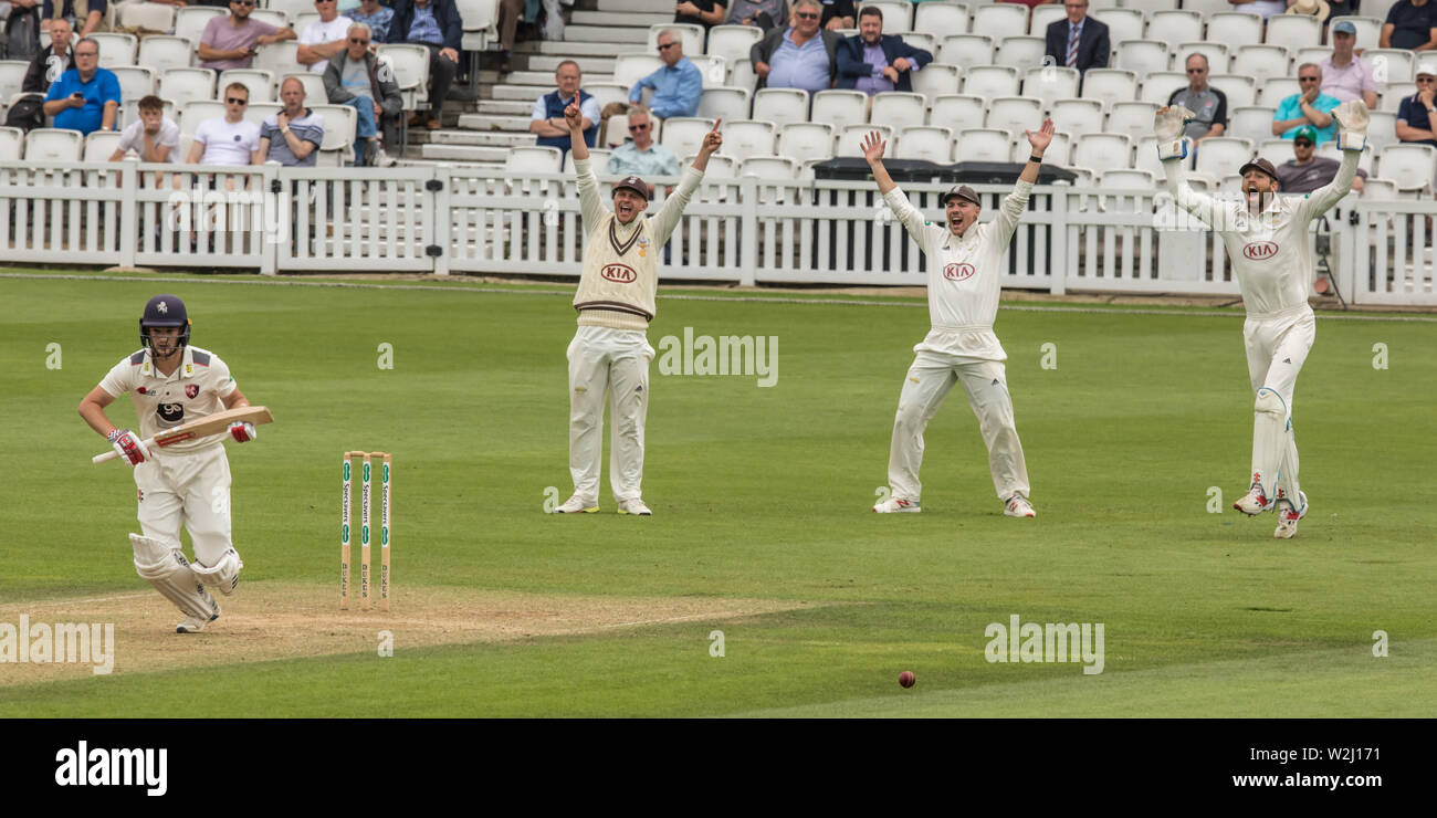 Londres, Royaume-Uni. 9 juillet, 2019. Les feuillets en appel et Ollie Robinson est hors de l'FPN bowling de Rikki Clarke comme Surrey prendre sur Kent sur la troisième journée du Championnat du comté de Specsavers à l'Ovale. David Rowe/Alamy Live News. Banque D'Images