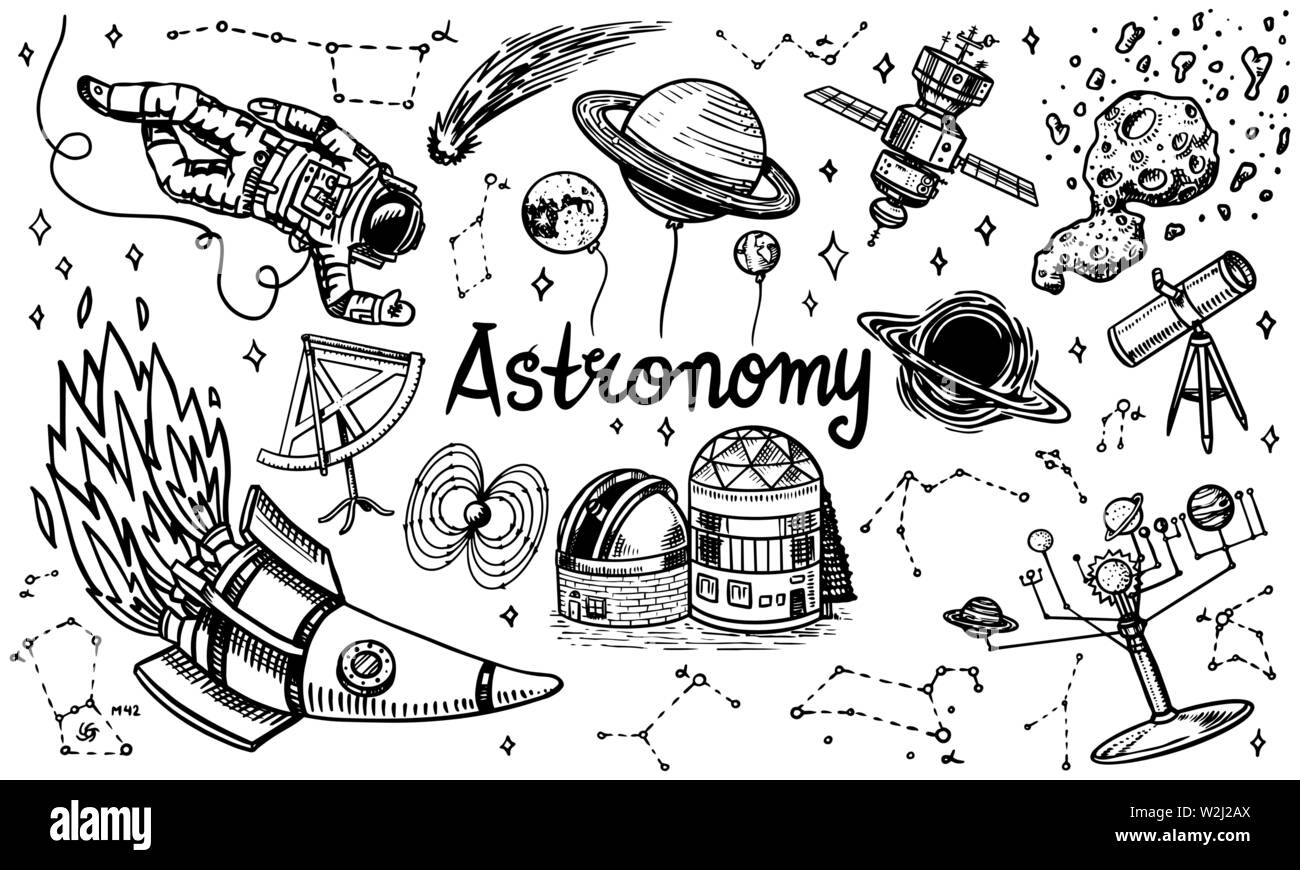 Arrière-plan de l'astronomie dans un style vintage. L'espace et le cosmonaute, lune et les vaisseaux spatiaux, les météorites et les étoiles, les planètes et l'observatoire. Faites à la main en rétro Illustration de Vecteur