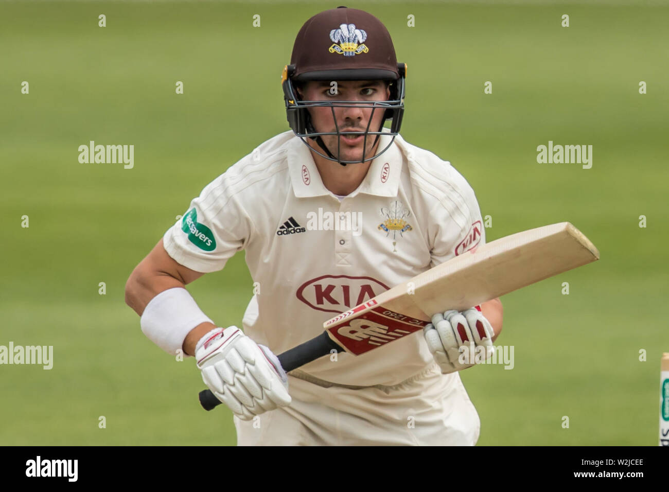 Londres, Royaume-Uni. 9 juillet, 2019. Rory Burns pour Surrey au bâton contre Kent sur la troisième journée du Championnat du comté de Specsavers à l'Ovale. David Rowe/Alamy Live News. Banque D'Images