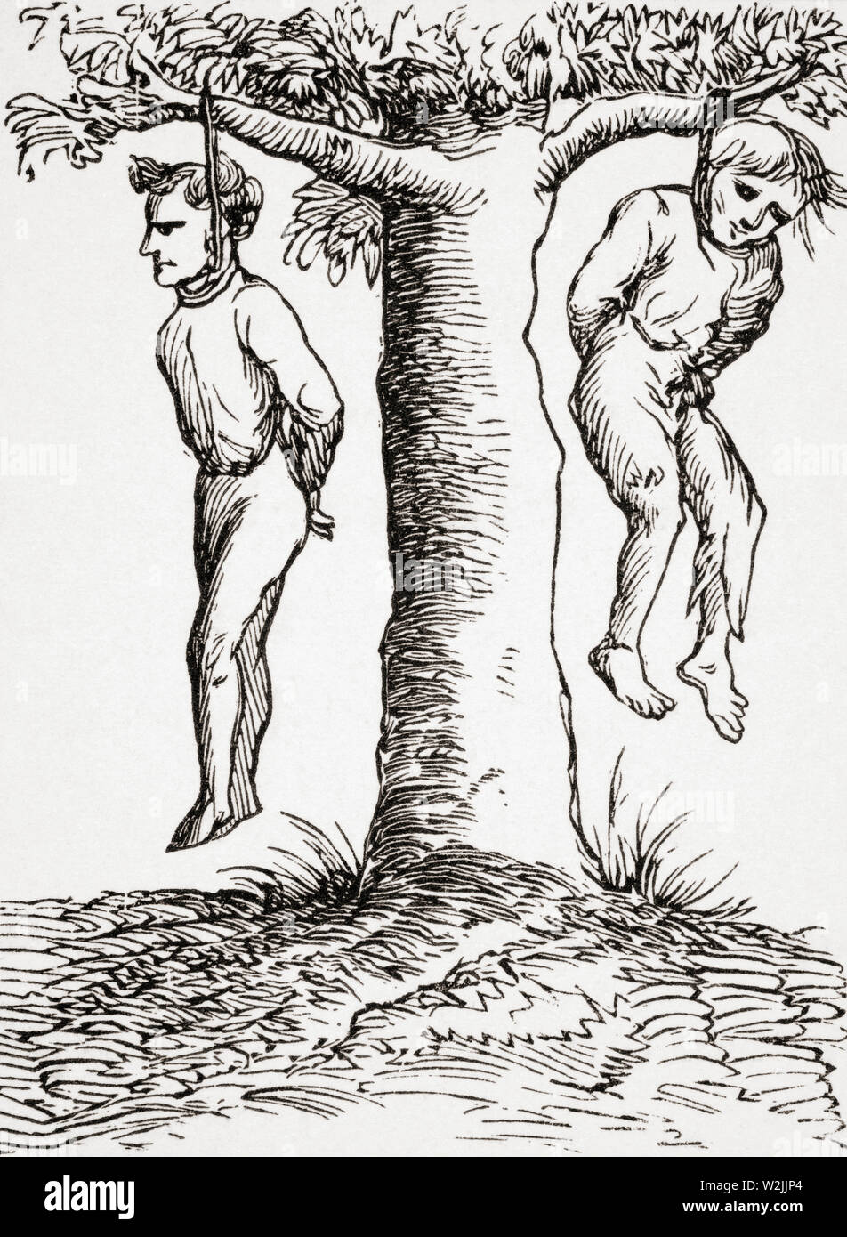 L'exécution de la peine du Tribunal Secret. Copie d'une gravure sur bois dans la cosmographie universelle de Bâle 1552 publié Banque D'Images L'exécution de la peine du Tribunal Secret. Copie d'une gravure sur bois dans la cosmographie universelle de Bâle 1552 publié Banque D'Images