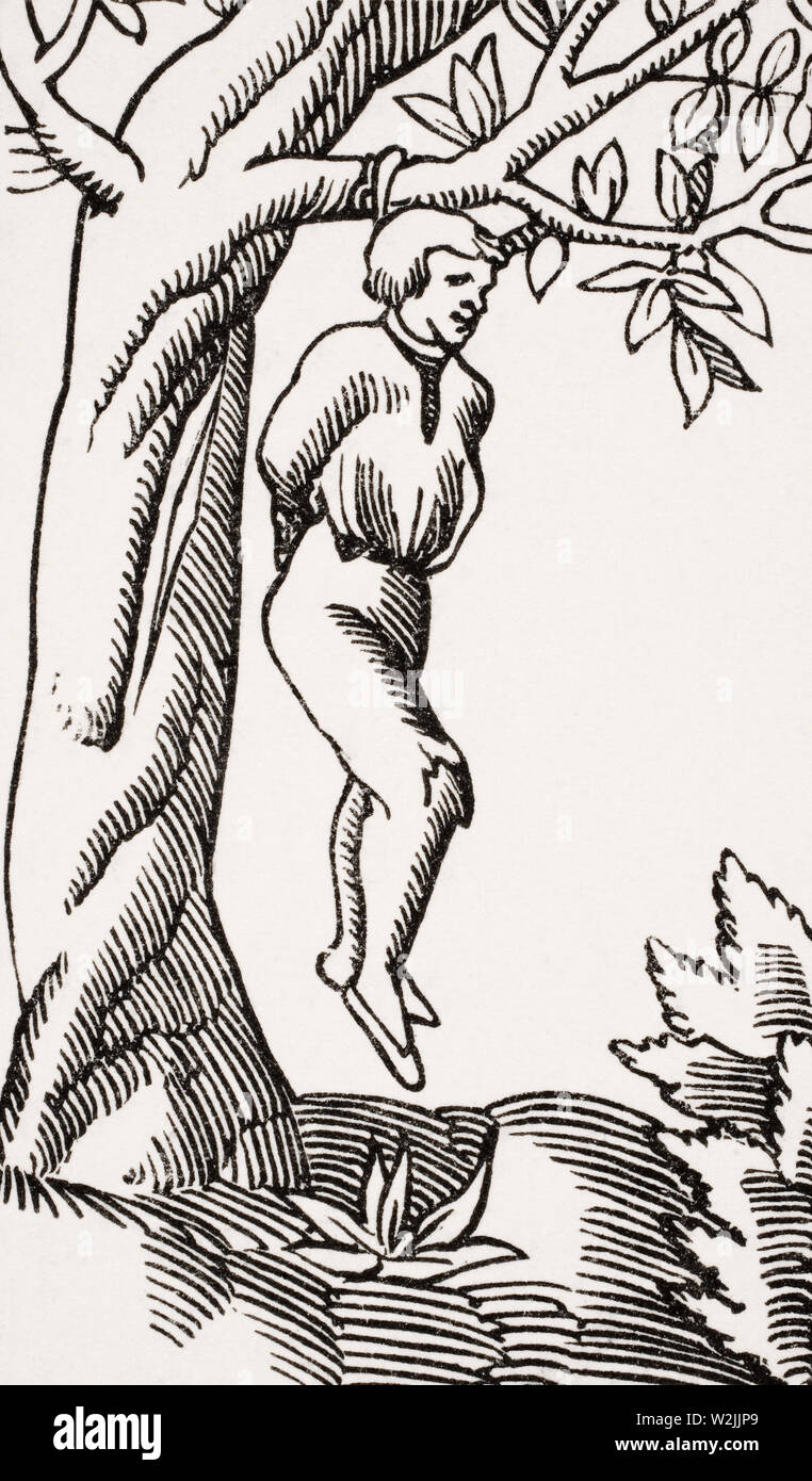 L'exécution de la peine du Tribunal Secret. Copie d'une gravure sur bois dans la cosmographie universelle de Bâle 1552 publié Banque D'Images L'exécution de la peine du Tribunal Secret. Copie d'une gravure sur bois dans la cosmographie universelle de Bâle 1552 publié Banque D'Images