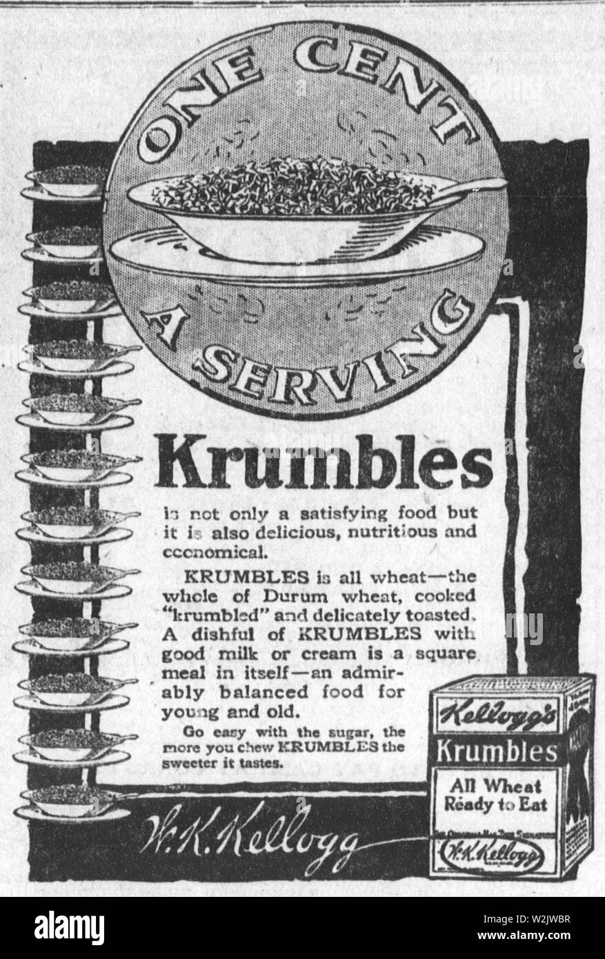 1917 Publicité pour Krumbles, Kellogg's céréales petit déjeuner nommé 'Krumbles» Banque D'Images