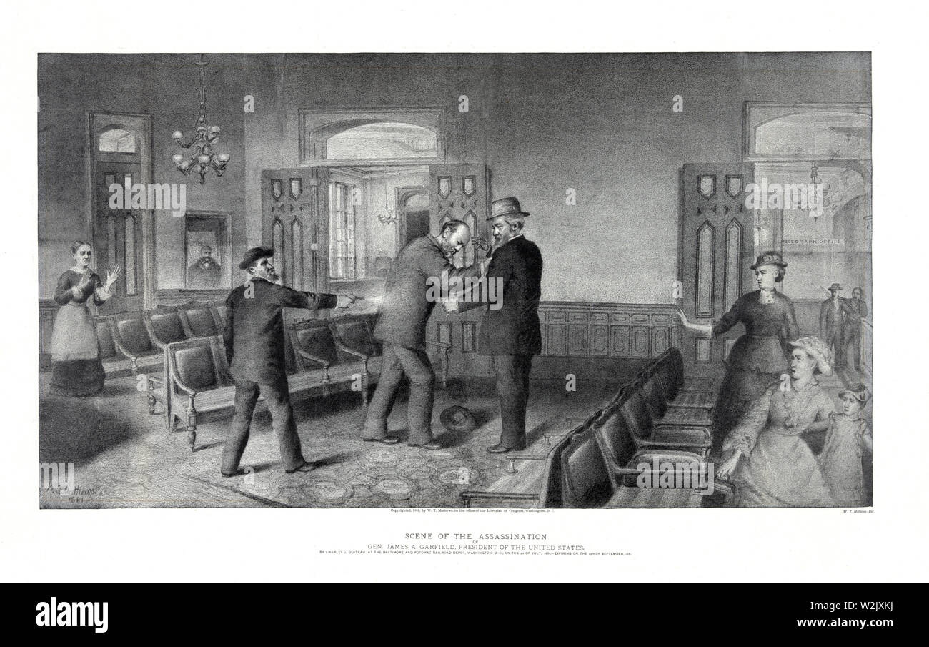 Scène de l'assassinat du général James A. Garfield, Président des États-Unis, lithographie, W.T. Mathews, 1881 Banque D'Images