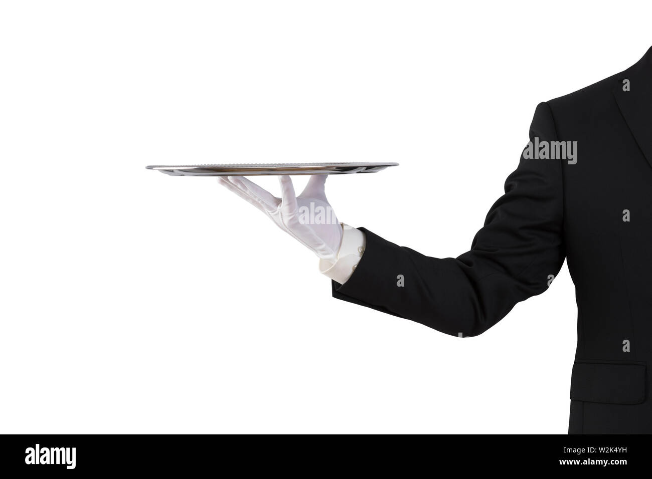 Waiter holding empty silver tray isolé sur fond blanc Banque D'Images