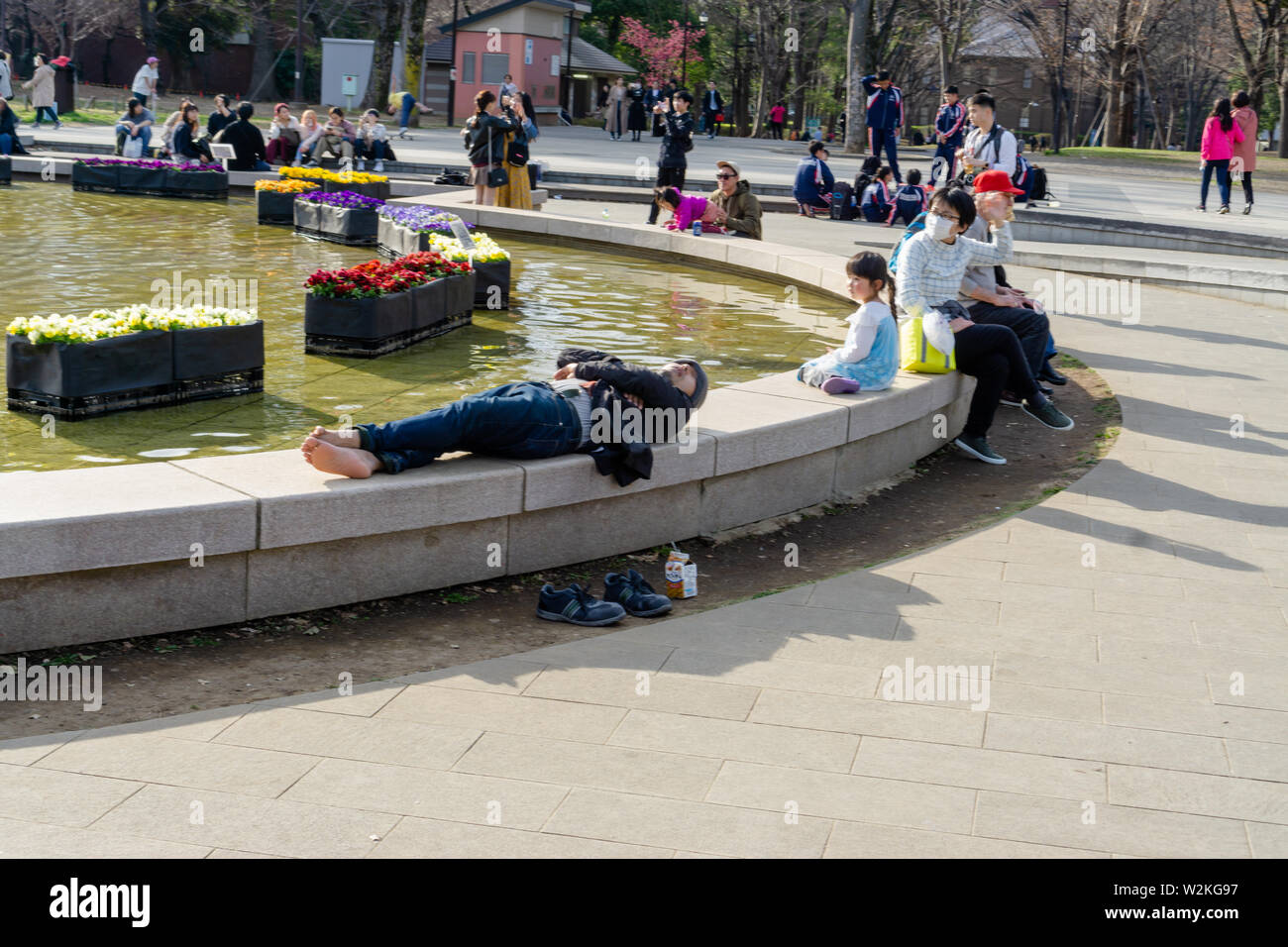 Les touristes et habitants de profiter de leur moment de détente au bord de l'étang en face du Musée National de Tokyo à Ueno Park. Il est certainement en valeur une visite. Banque D'Images