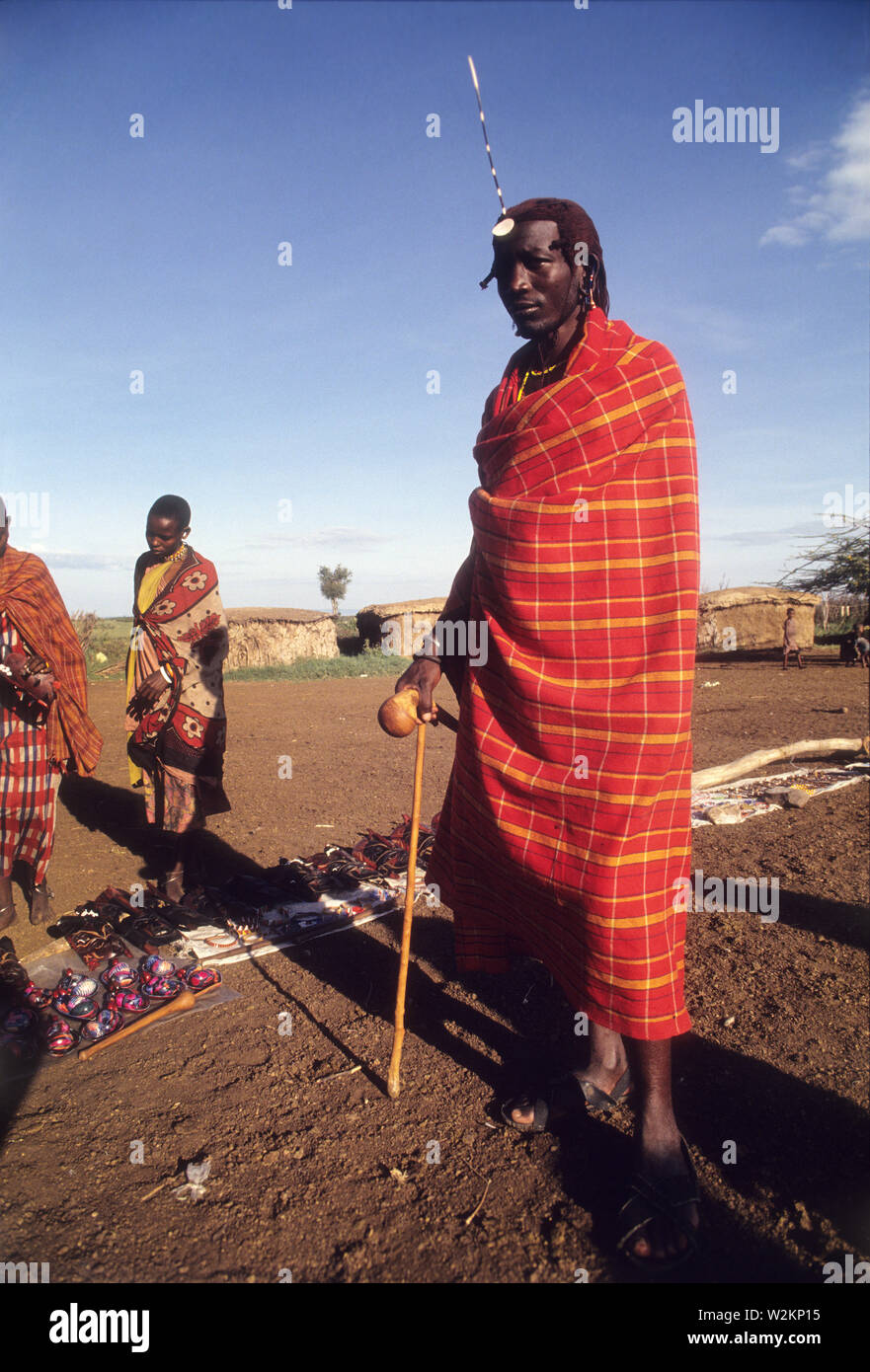 D'une tribu Masai dans sa manyatta près de Sekenani Gate, Masai Mara, Kenya. Banque D'Images