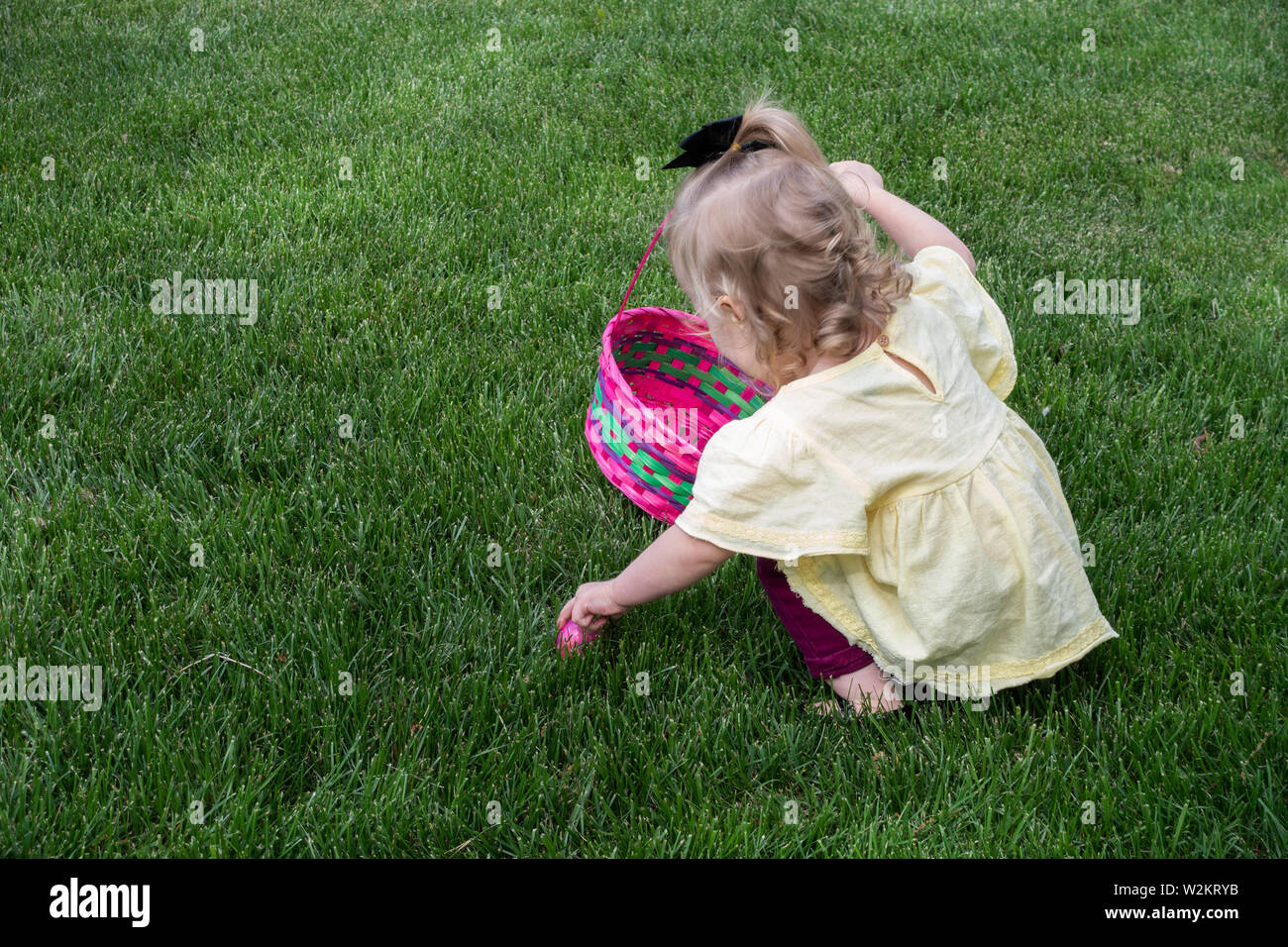 Deux ans caucasien blond-haired girl picking up un oeuf de Pâques en plastique à mettre dans son panier. Banque D'Images