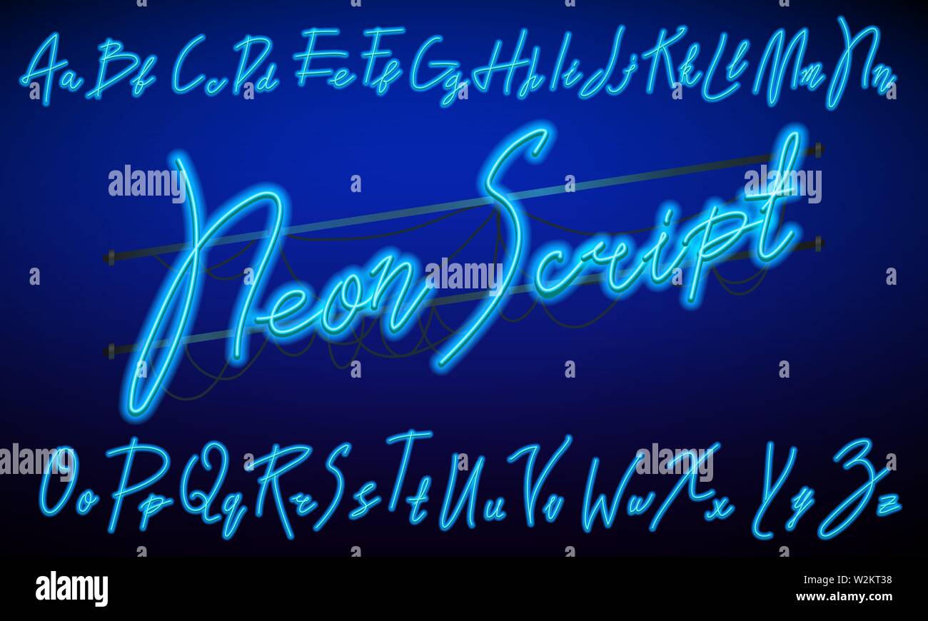 80 s blue purple retro font. Script futuriste, chrome lettres. Alphabet clair sur fond sombre. Symboles de la lumière de nuit show en club. Espace galaxie Illustration de Vecteur