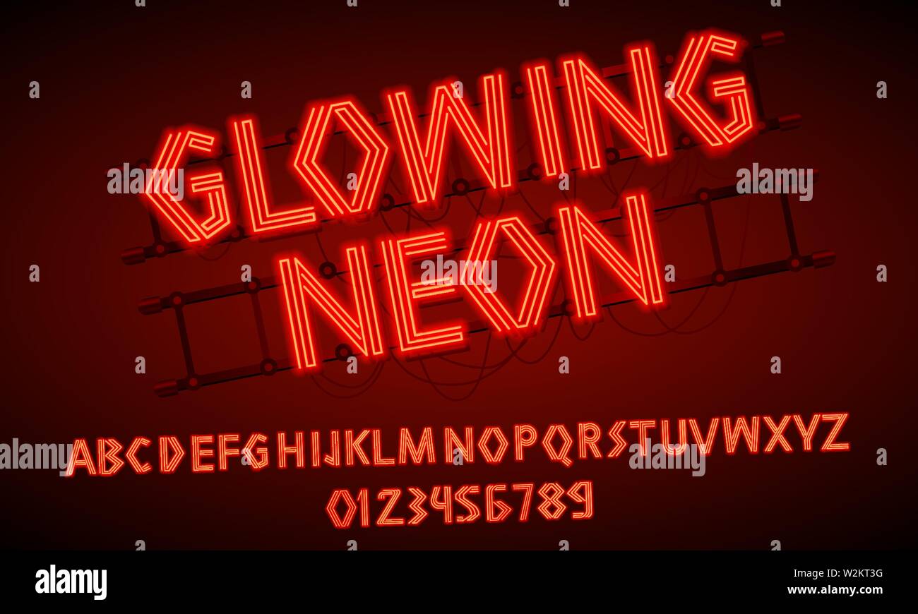 80 s retro néon rouge font. Script futuriste, chrome lettres. Alphabet d'impression lumineuse sur fond sombre. Symboles de la lumière de nuit show en club. Galaxy Illustration de Vecteur