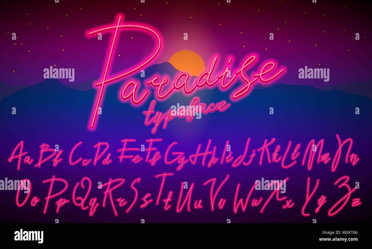 80 s blue purple retro font. Script futuriste, chrome lettres. Alphabet clair sur fond sombre. Symboles de la lumière de nuit show en club. Espace galaxie Illustration de Vecteur
