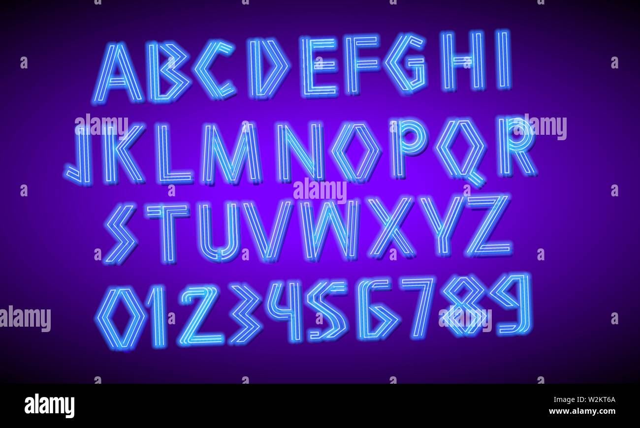 80 s néon bleu retro font. Script futuriste, chrome lettres. Alphabet d'impression lumineuse sur fond sombre. Symboles de la lumière de nuit show en club. Galaxy Illustration de Vecteur