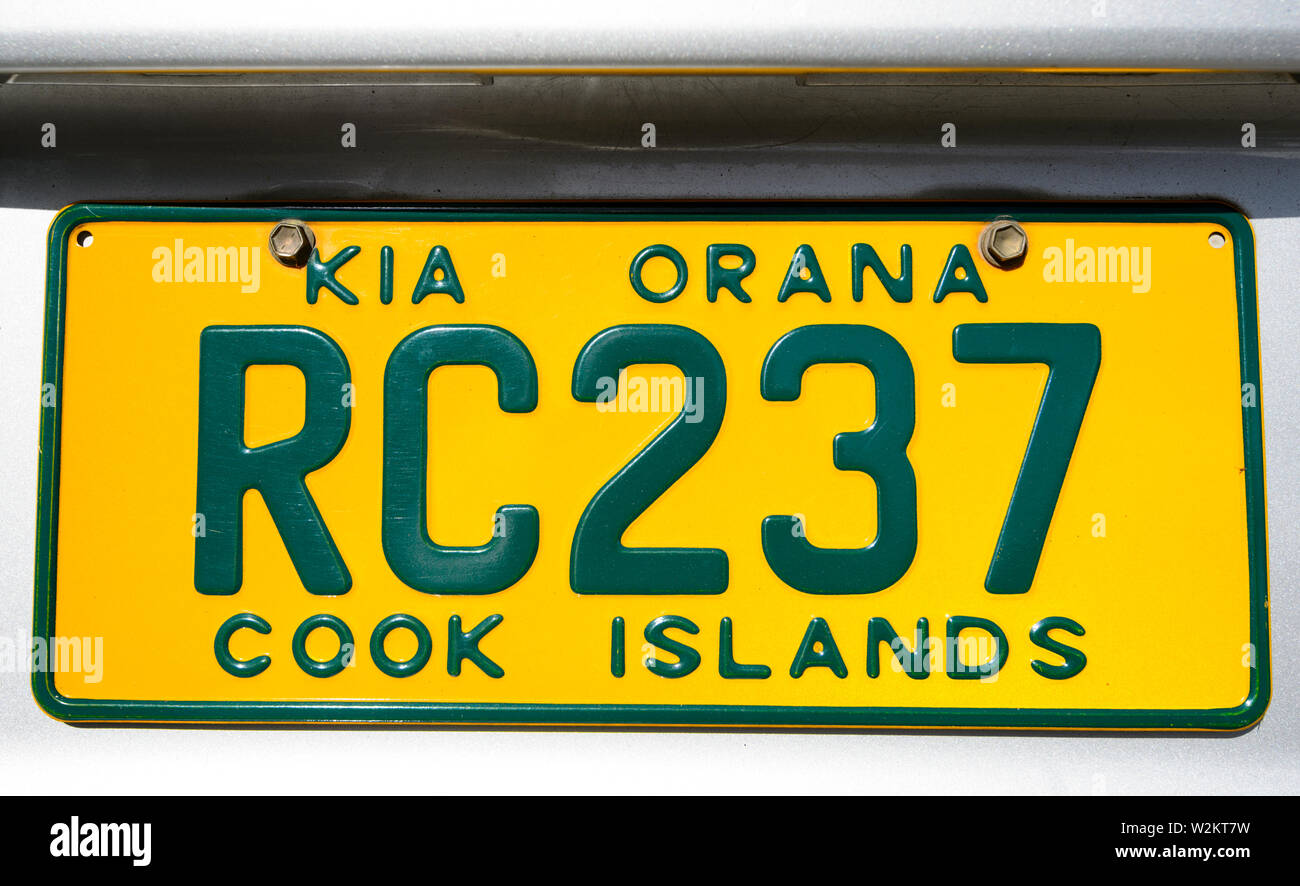 Affichage de la plaque d'une voiture Kia Orana dans les Îles Cook , Polynésie Française Banque D'Images