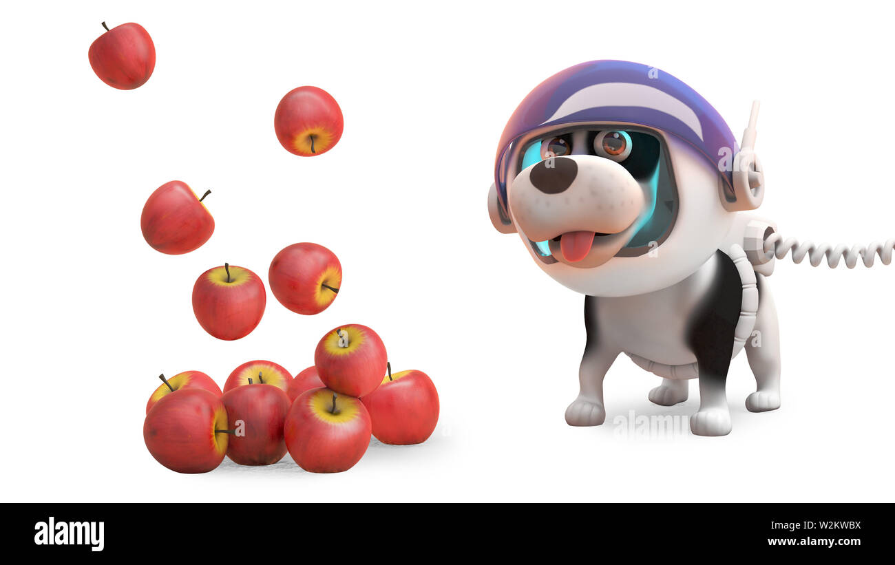 Puppy dog caricature en scaphandre regarder les pommes, flottant illustration 3D render Banque D'Images