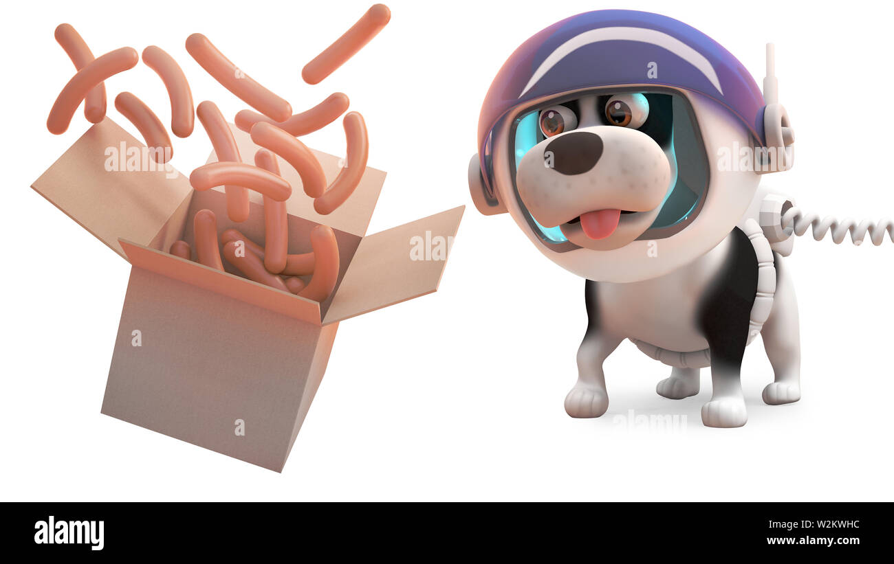 Chiot mignon dog wearing spacesuit saucisses montres à partir d'une boîte flottante, rendu 3d illustration Banque D'Images