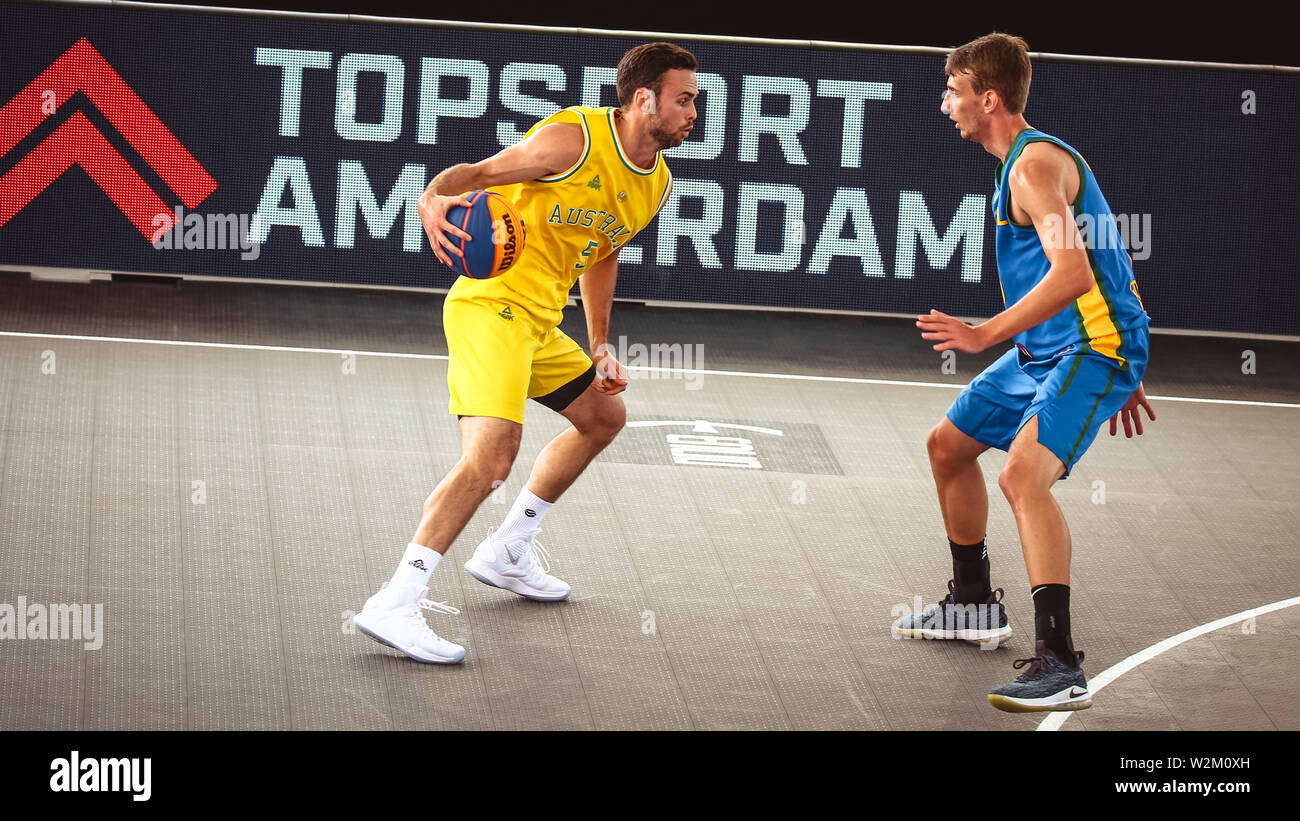 Amsterdam, Pays-Bas, le 18 juin 2019 : Tom Wright et William Weihermann FIBA en action pendant la coupe du monde 3x3 2019 à Amsterdam Banque D'Images