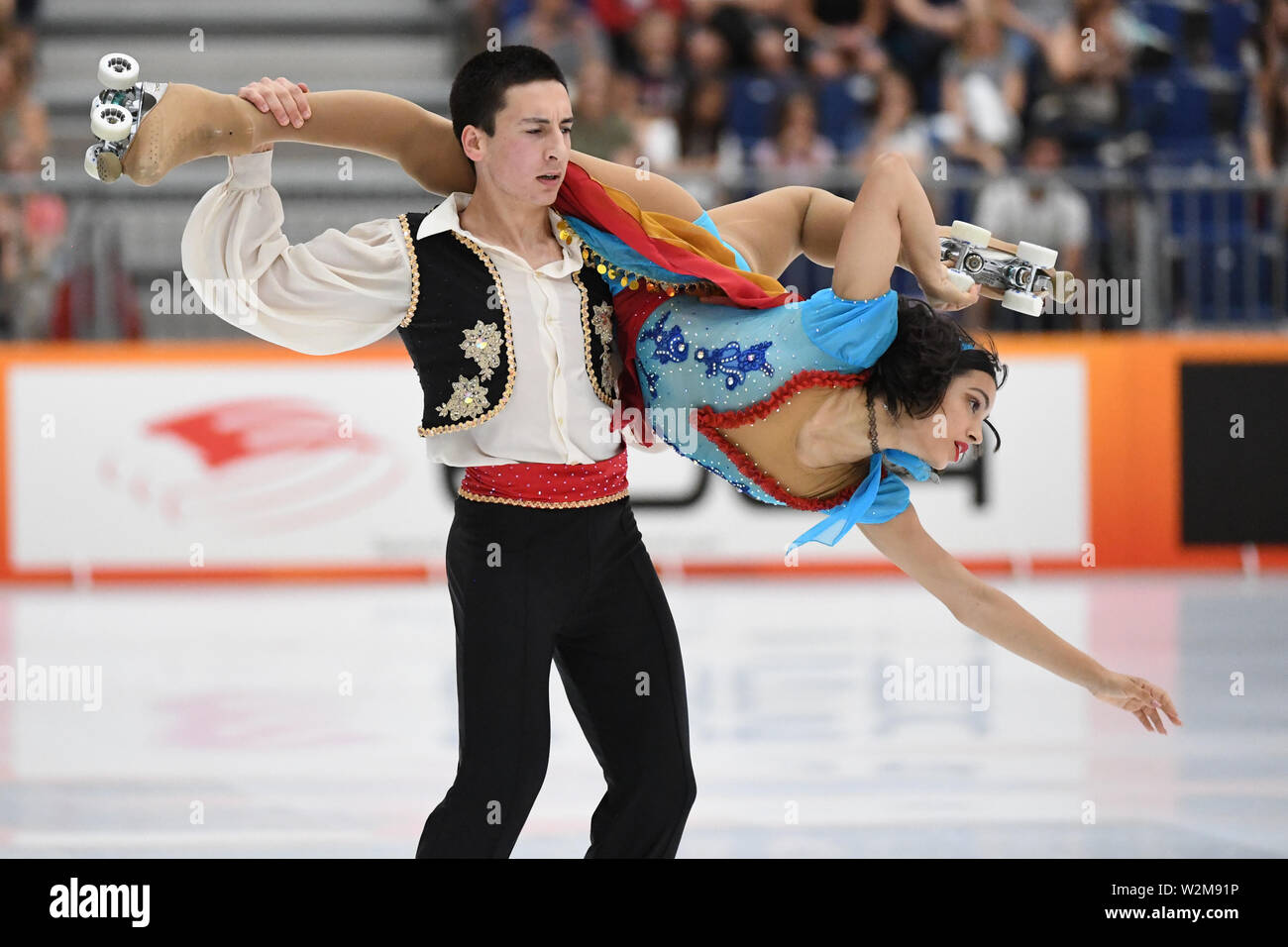 Barcelone, Espagne. 09 juillet 2019. BRUNA PINHEIRO-ERNESTO SILVA du Portugal, l'exécution en paires Junior danse, en danse libre, ils ont classé en 3ème position mondiale, 2019 JEUX À ROULEAUX, au Palau Sant Jordi, le 09 juillet, 2019 Barcelone, Espagne. Credit : Raniero Corbelletti/AFLO/Alamy Live News Banque D'Images