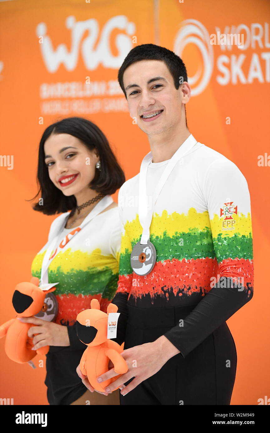 Barcelone, Espagne. 09 juillet 2019. BRUNA PINHEIRO-ERNESTO SILVA du Portugal, l'exécution en paires Junior danse, en danse libre, ils ont classé en 3ème position mondiale, 2019 JEUX À ROULEAUX, au Palau Sant Jordi, le 09 juillet, 2019 Barcelone, Espagne. Credit : Raniero Corbelletti/AFLO/Alamy Live News Banque D'Images