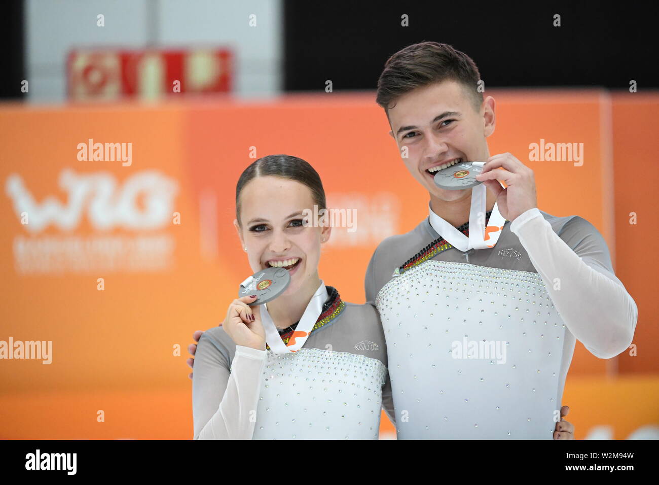 Barcelone, Espagne. 09 juillet 2019. PALMIRA SEEGER SUAREZ-PAUL TURBANOW d'Allemagne, de l'exécution en paires Junior danse, en danse libre, ils ont classé en 1ère position, MONDE DES JEUX 2019 ROULEAU, au Palau Sant Jordi, le 09 juillet, 2019 Barcelone, Espagne. Credit : Raniero Corbelletti/AFLO/Alamy Live News Banque D'Images