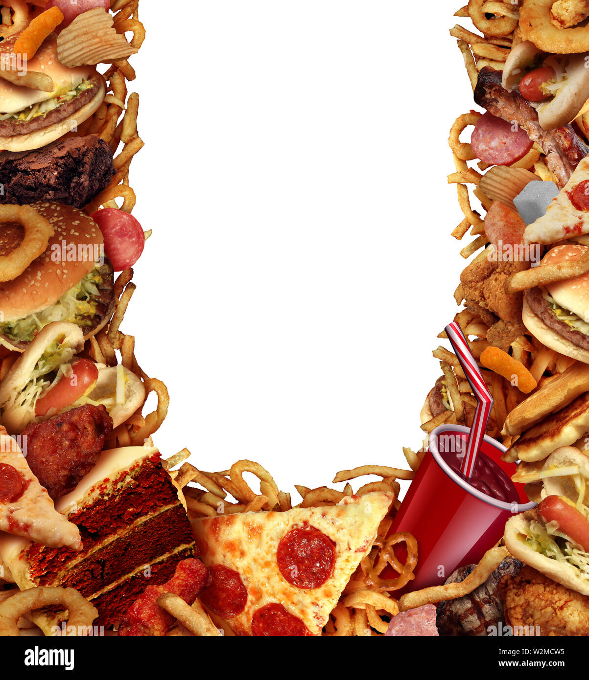 La malbouffe frame concept avec frites graisseuses restaurant sortir comme des oignons burger et hot-dogs avec la pizza comme un symbole de l'alimentation la tentation. Banque D'Images