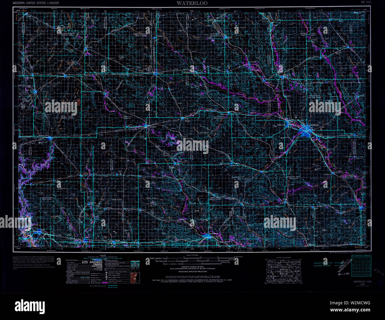 Carte TOPO USGS IOWA IA Waterloo 175700 1954 250000 Restauration inversé Banque D'Images