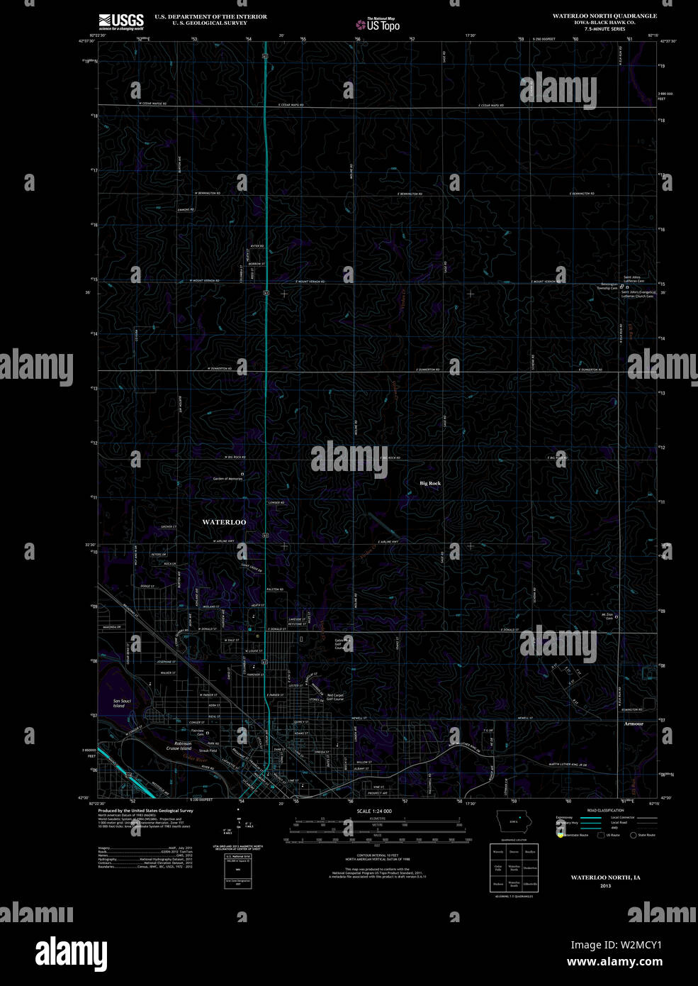 Carte TOPO USGS IOWA IA Waterloo North 20130429 TM Restauration inversé Banque D'Images