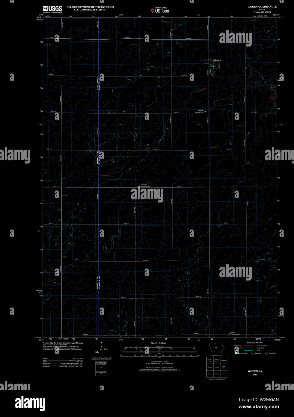 Carte TOPO USGS IOWA IA Woden 20130415 TM Restauration inversé Banque D'Images