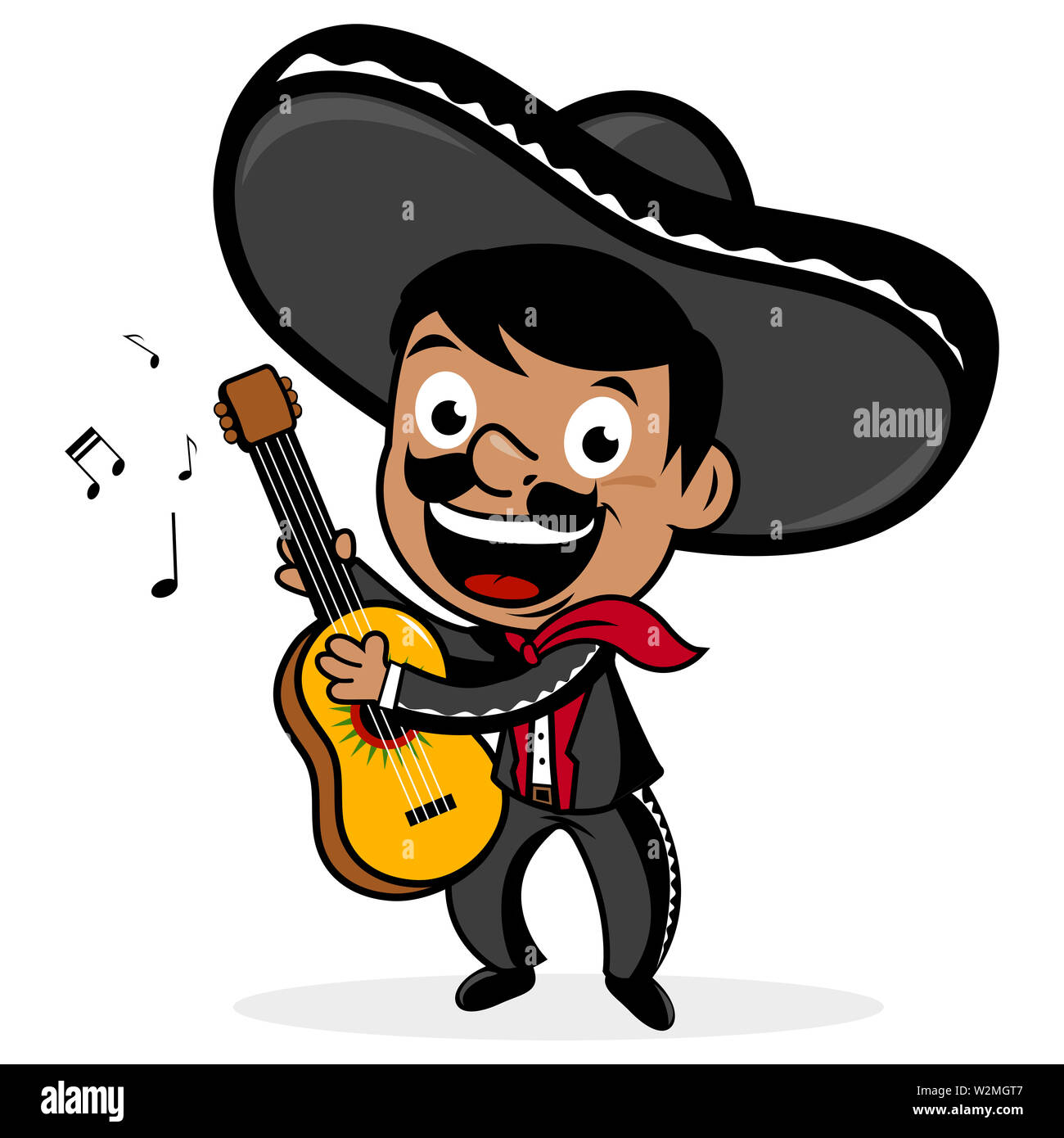 Homme mariachi mexicain avec un chapeau sombrero, chantant et jouant de la guitare. Cartoon fête mexicaine Cinco de Mayo célébration. Banque D'Images
