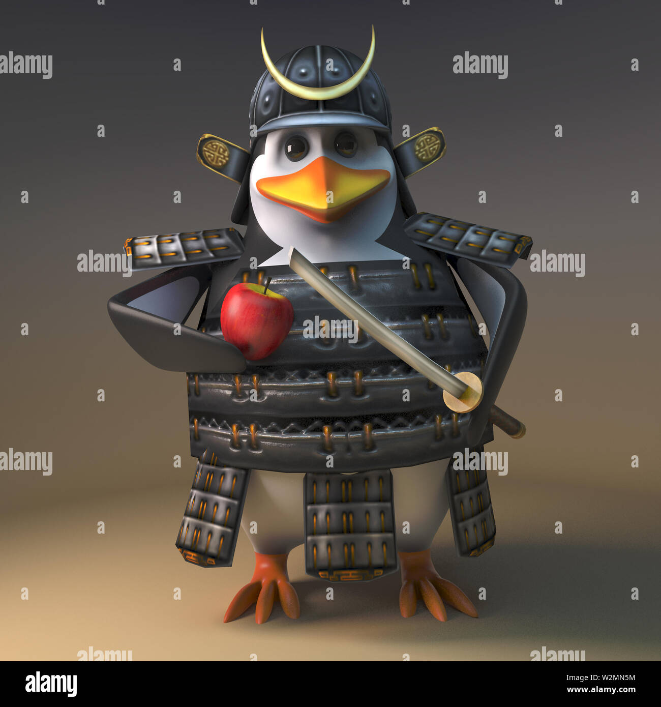 Puissant guerrier samouraï japonais penguin épluche son apple