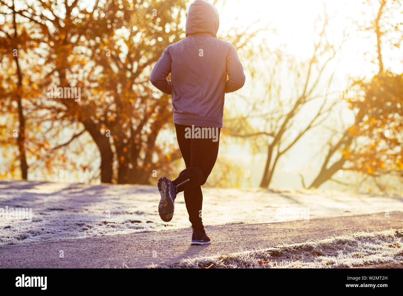 Man jogging on matin d'automne ensoleillé en plein air Banque D'Images