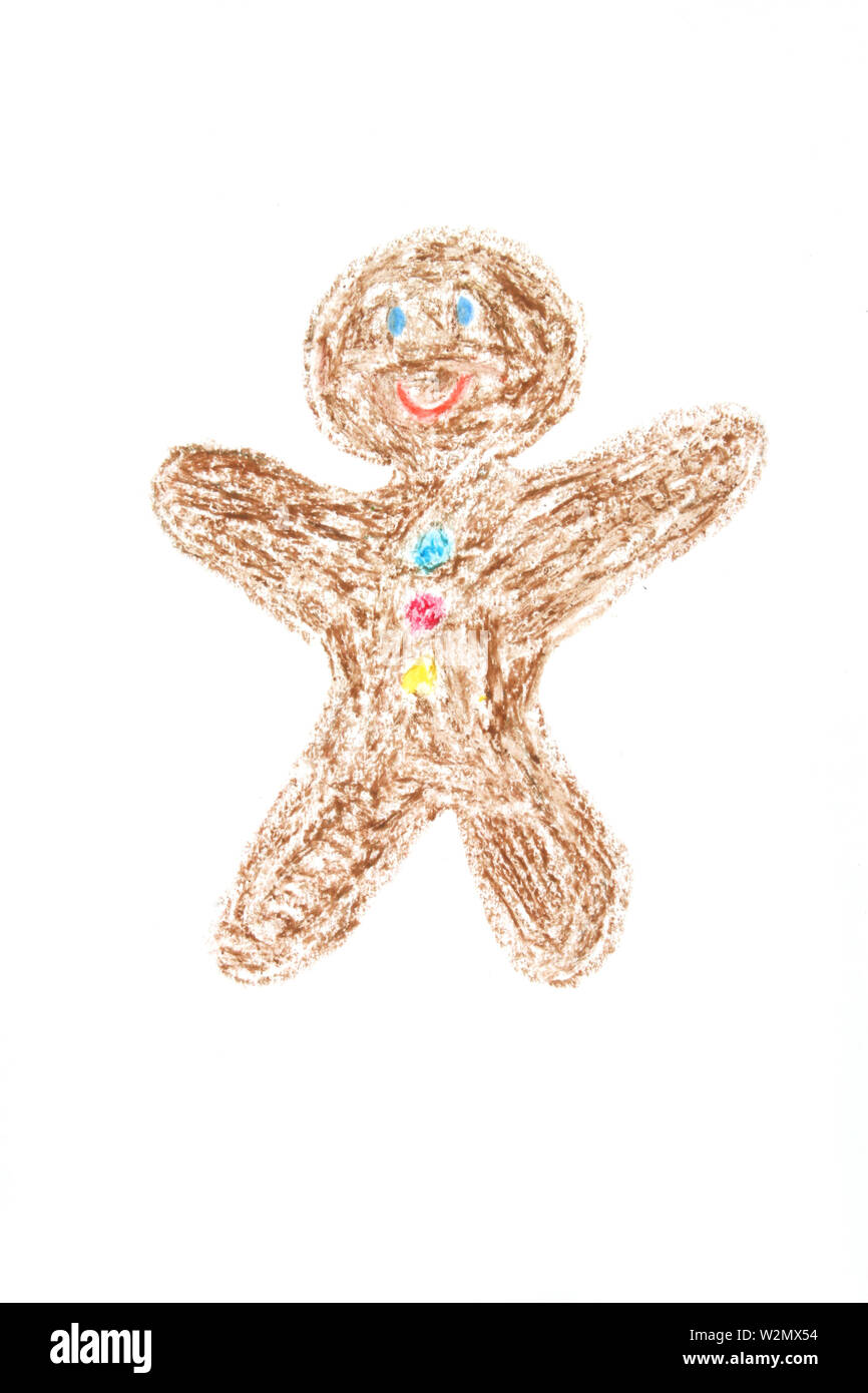 Gingerbread Man souri - dessin d'enfant avec de la cire cryons Banque D'Images