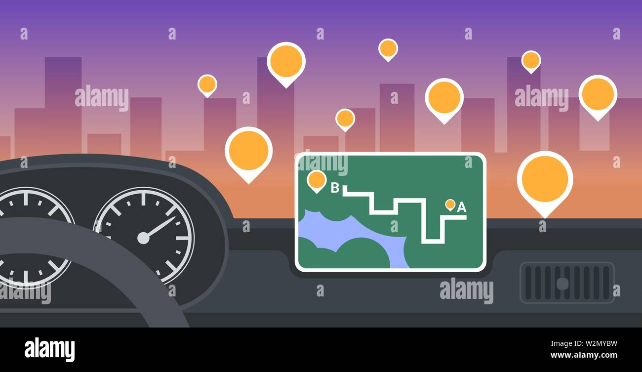 Cockpit avec véhicule automobile d'aide à la conduite intelligente Système de navigation GPS de l'ordinateur sur l'écran du tableau de bord intérieur voiture moderne concept multimédia Illustration de Vecteur
