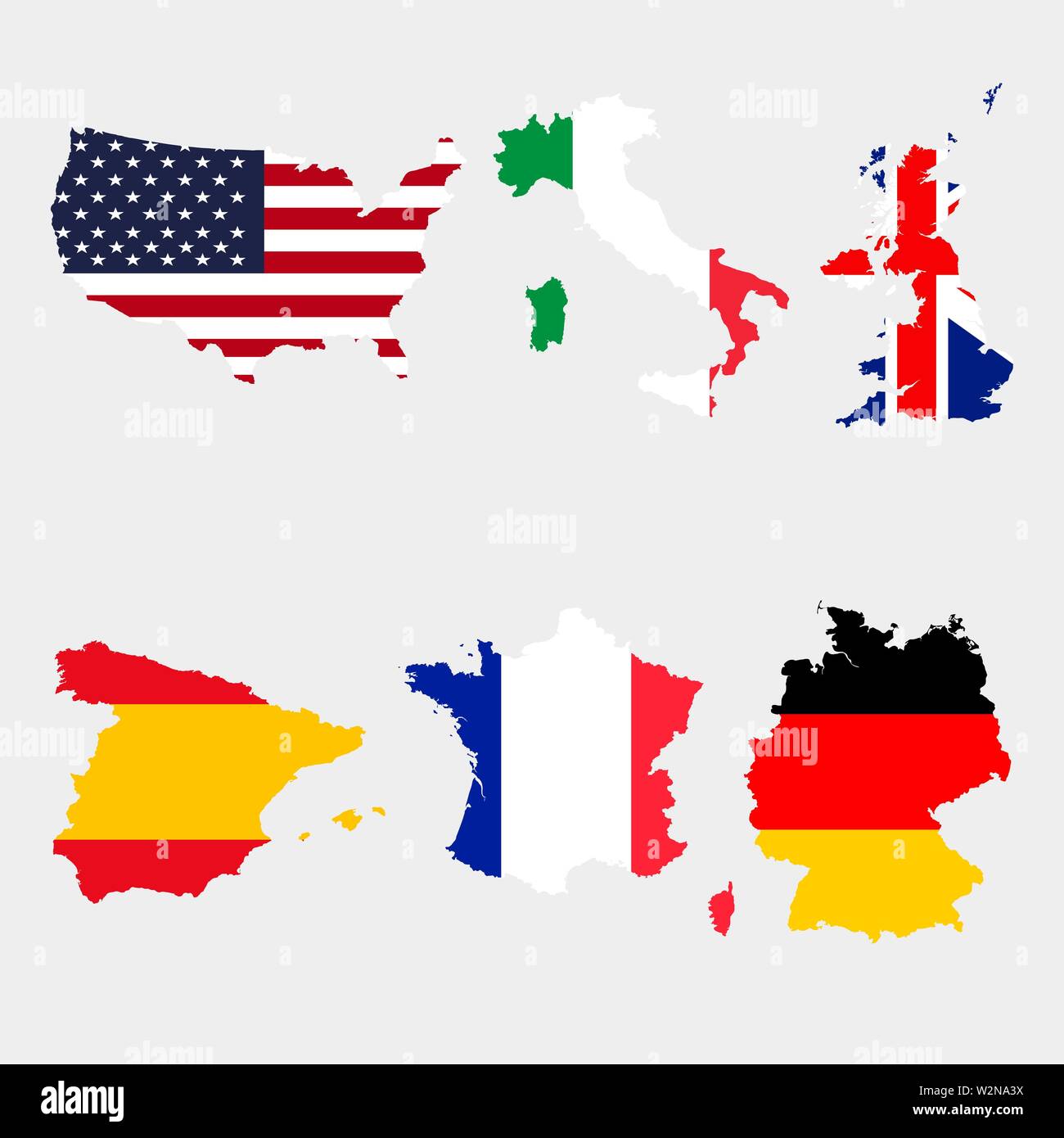 Ensemble de drapeaux carte USA, Italie, Royaume-Uni, Espagne, France, Allemagne Illustration de Vecteur