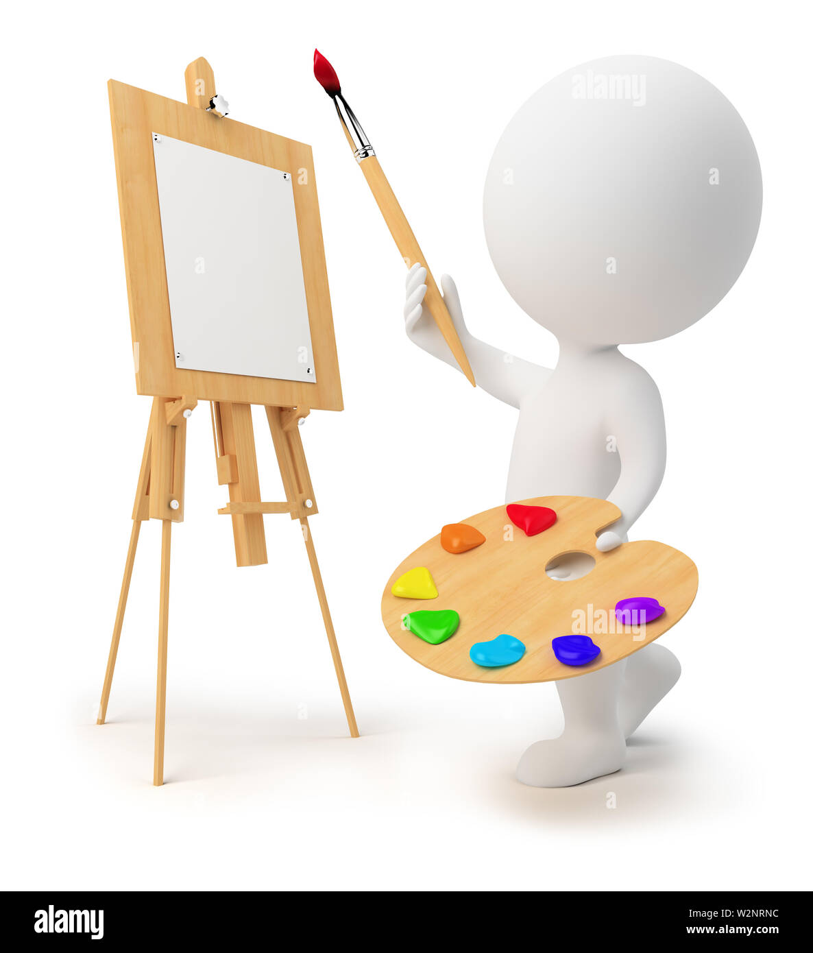Dessin 3d petites gens avec un chevalet, de la peinture et un pinceau. Image 3d. Isolé sur fond blanc. Banque D'Images