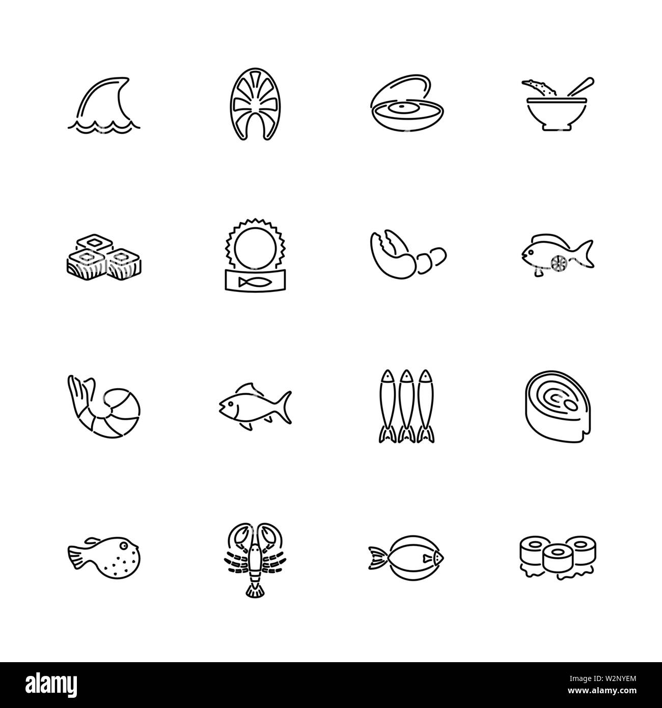 Fruits de mer, des plats méditerranéens contours icons set - symbole noir sur fond blanc. Fruits de mer, Menu Simple Illustration Symbole - simplicité d'inscription Illustration de Vecteur