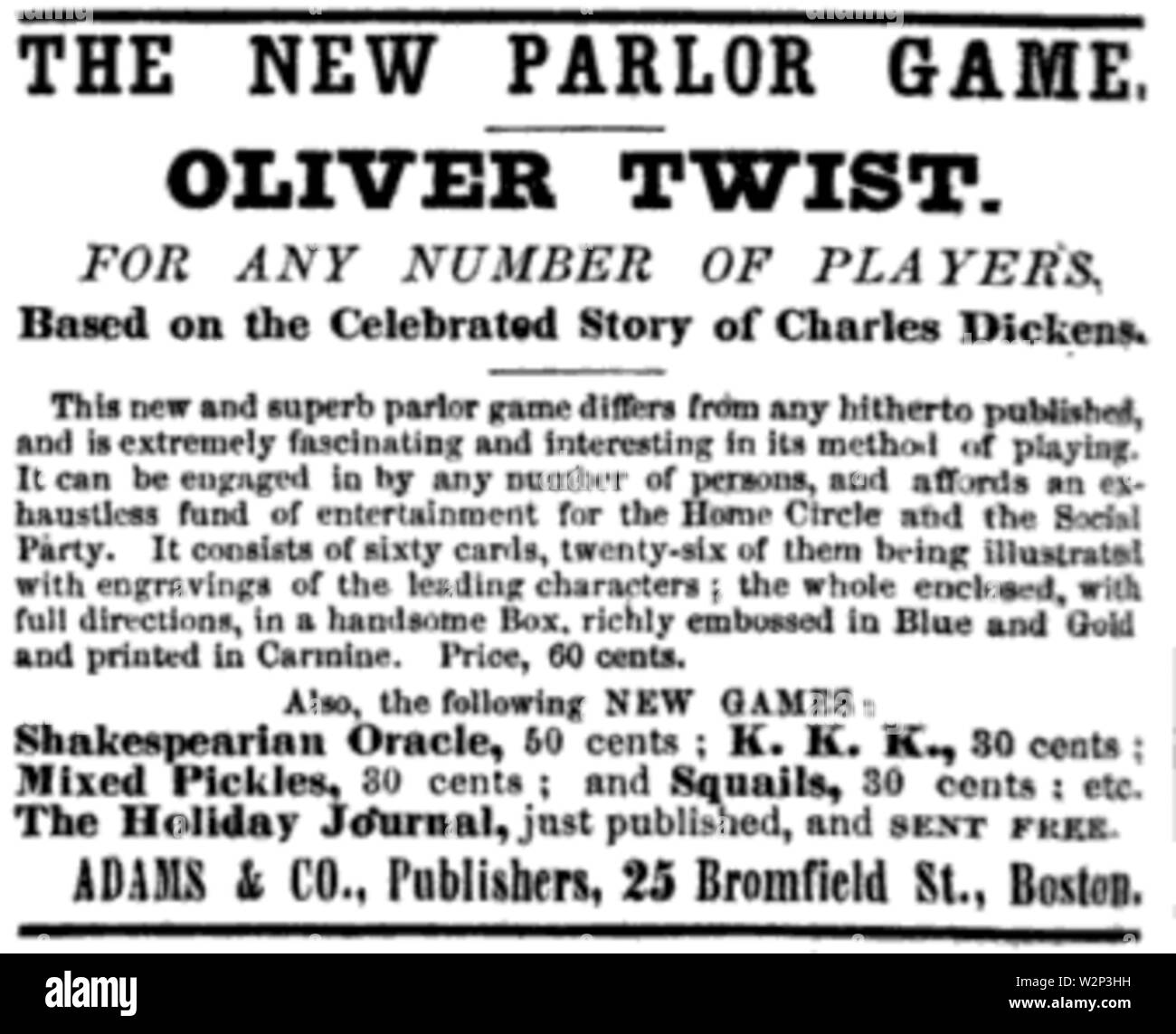 OliverTwist 1867 BromfieldSt jeu Adams Boston annonce EverySaturday Banque D'Images