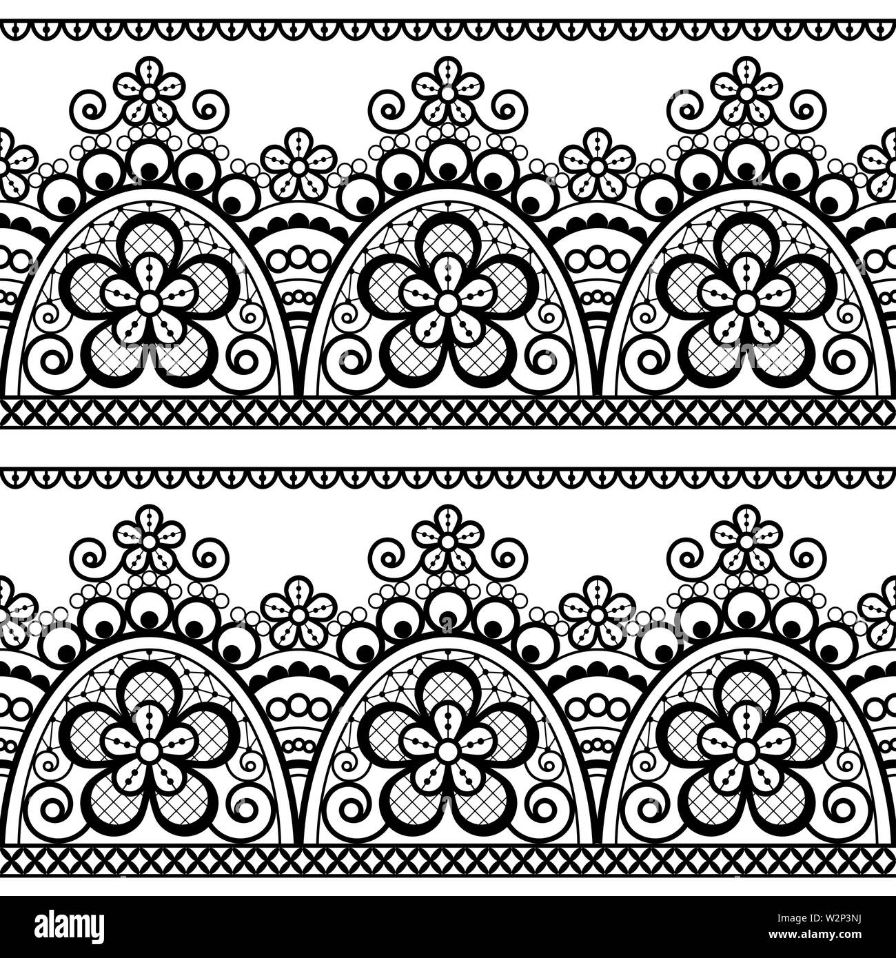 Vecteur dentelle motif transparent, détaillé, ornement rétro conception de dentelle avec des fleurs et des vagues en noir sur fond blanc Illustration de Vecteur